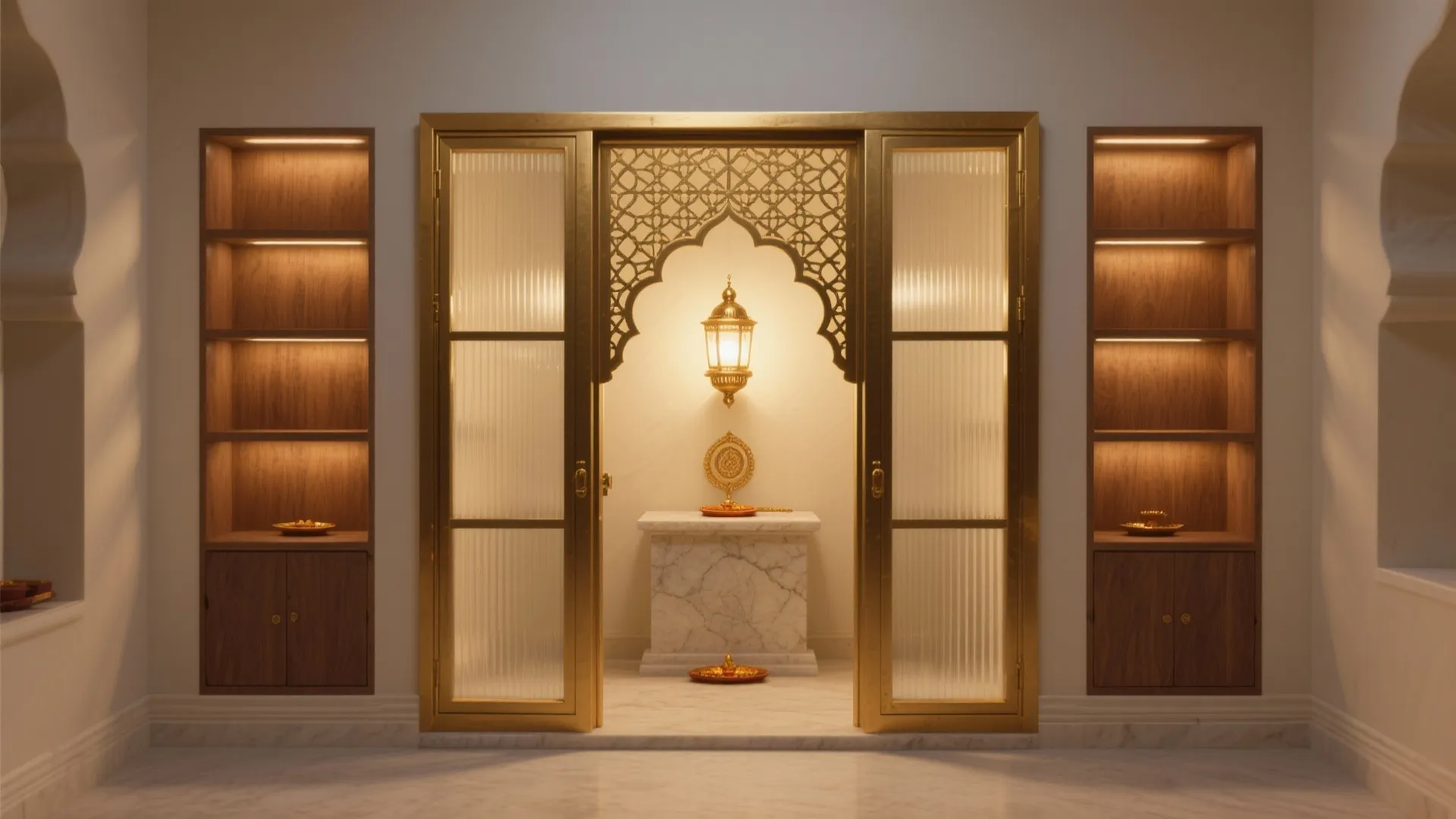 Glass and brass jaali with backlighting for a serene glow