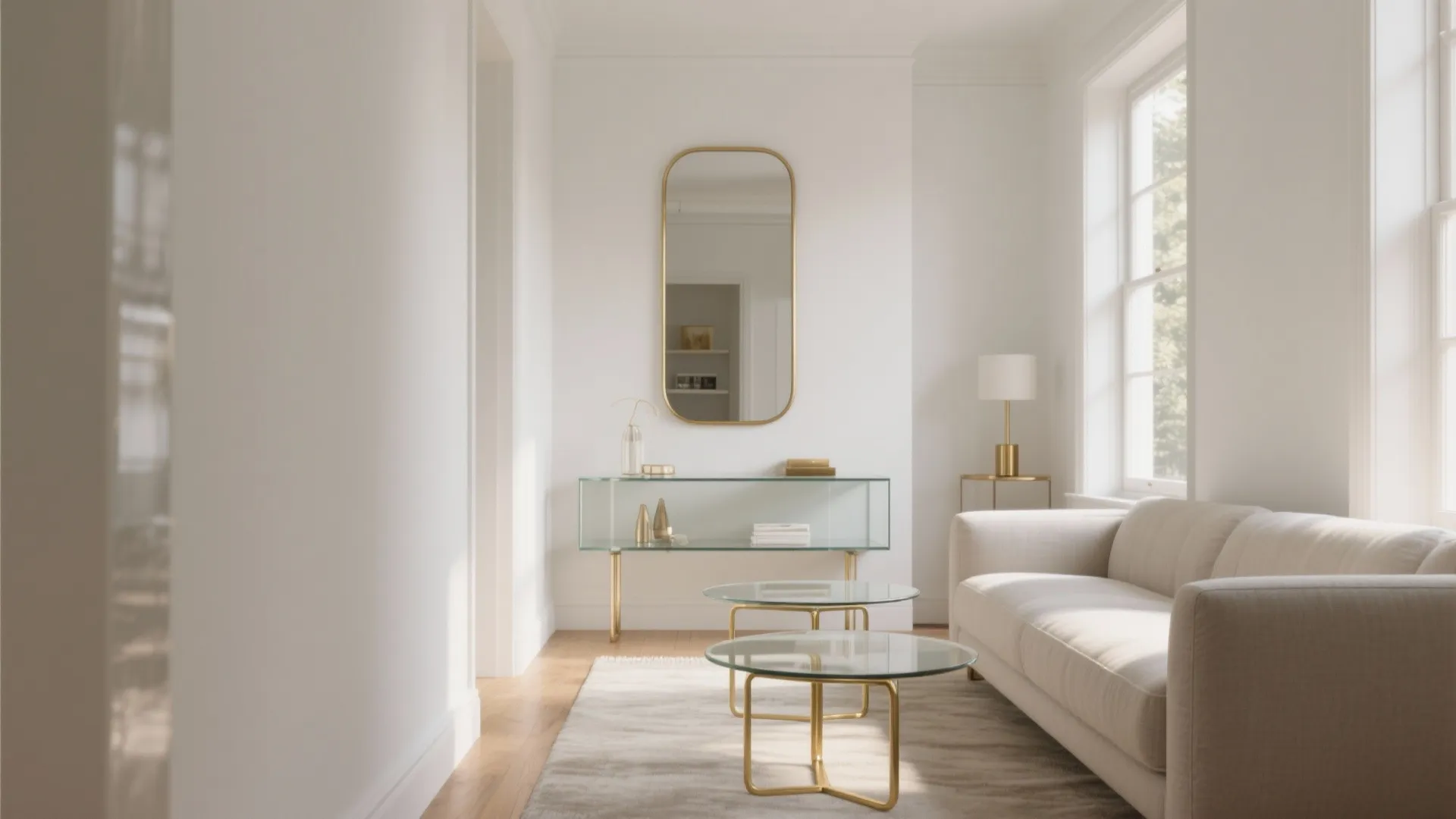 Modern bright living room with white sofa glass coffee table gold mirror and wood flooring