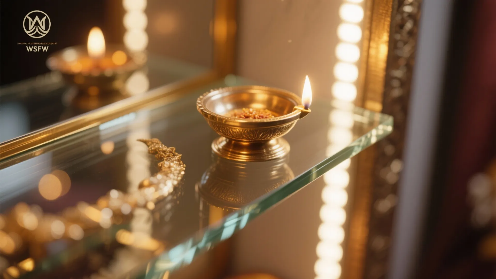 Glass-and-Brass Pooja Showcase with Gentle Backlighting