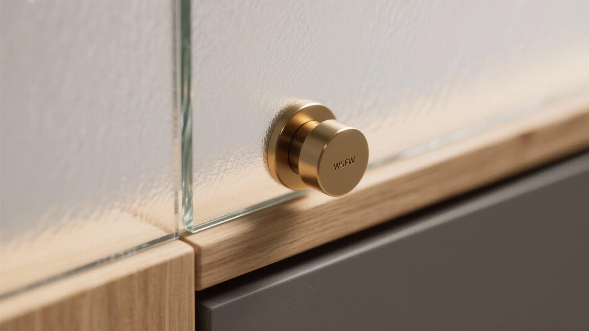 Close up view of a round gold handle on a frosted glass cabinet door with wood