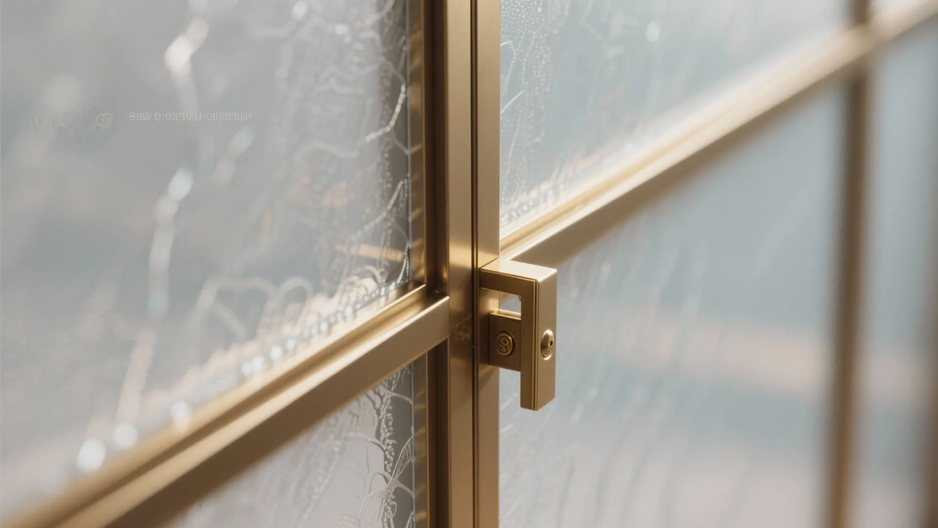 Modern gold metal door handle and frame on frosted glass showing a detailed home design