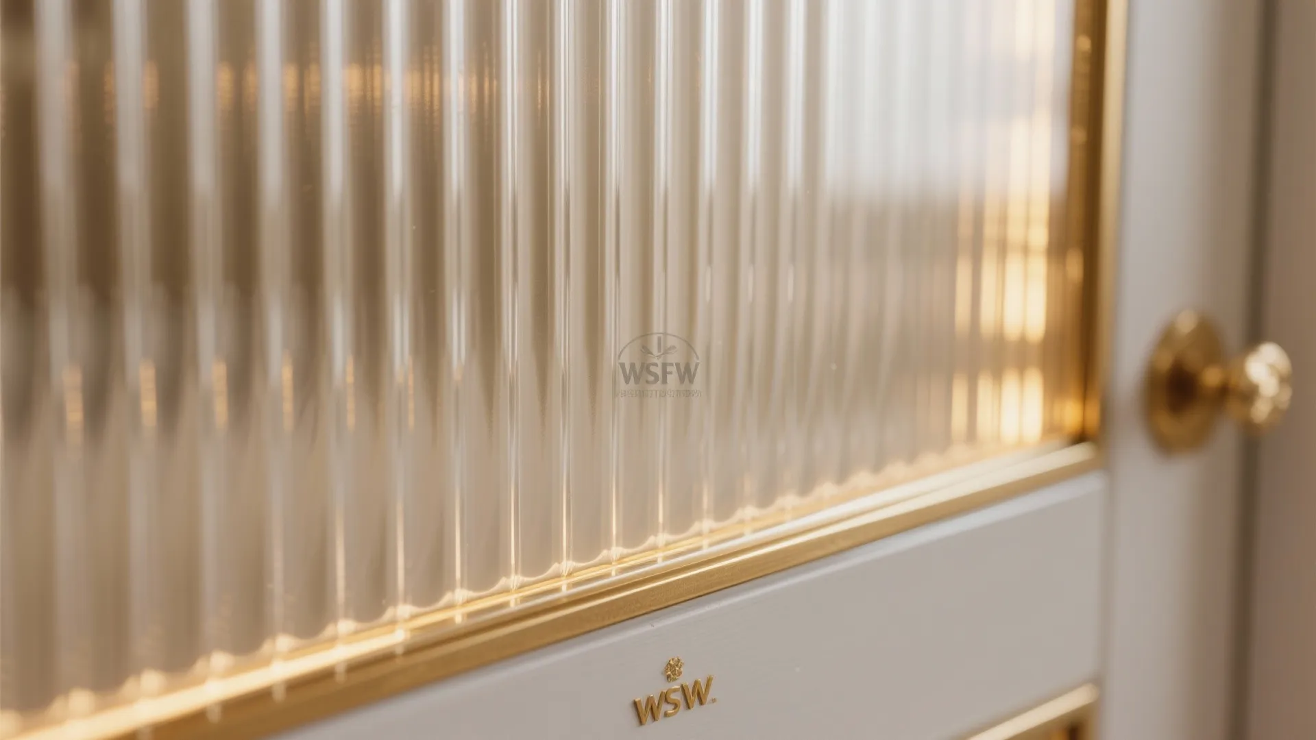 Close up of a white door featuring ribbed glass panels and a gold door handle