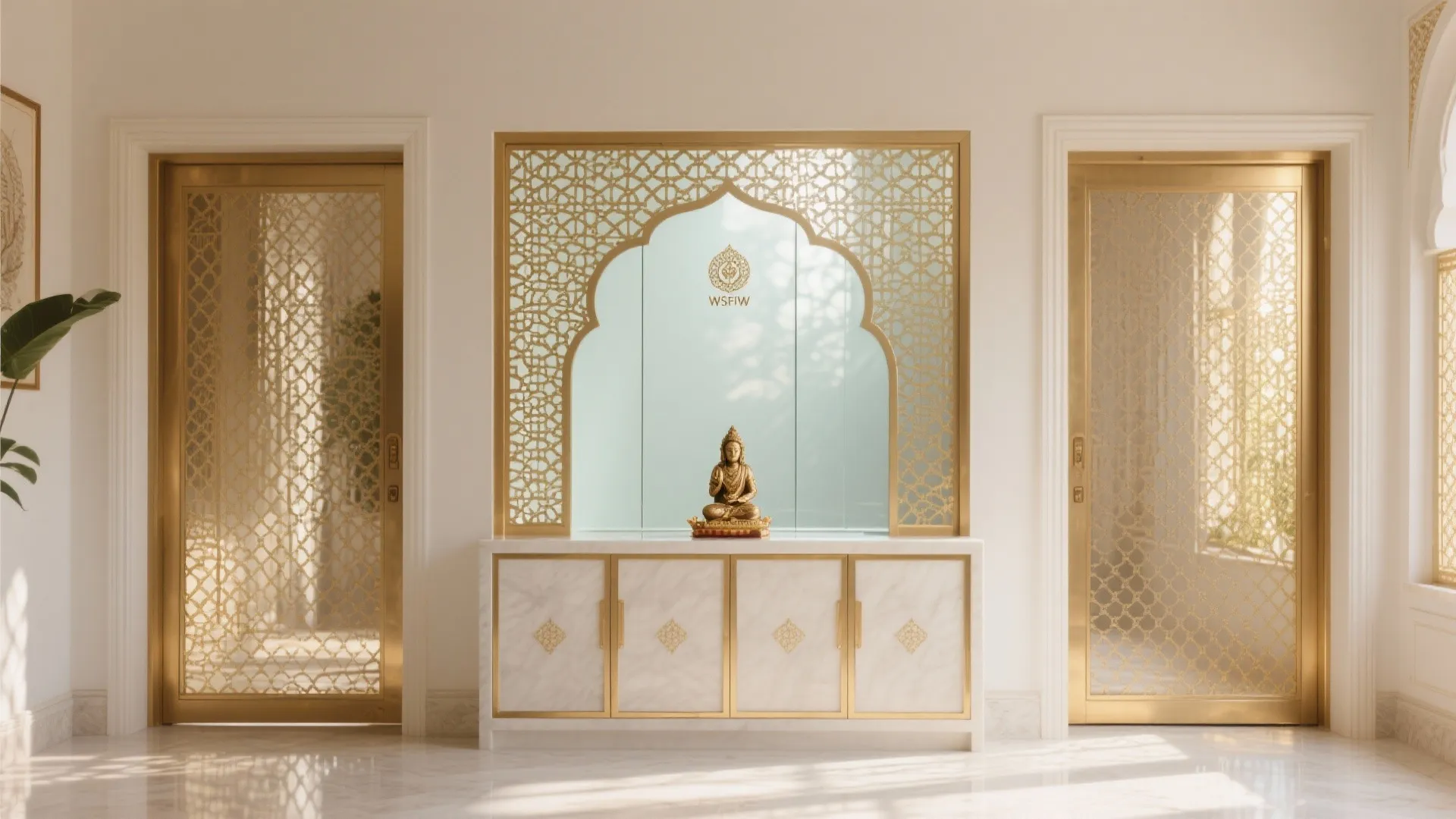 Glass-back splash and perforated brass doors for lightness