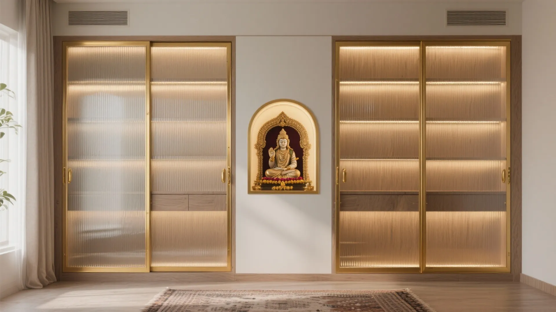Glass-and-brass shrine niche with concealed storage