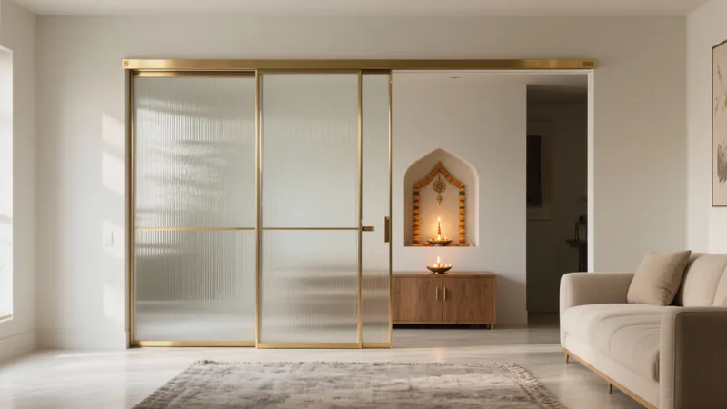 Modern Living Room with Gold Accent Sliding Doors & Spiritual Niche