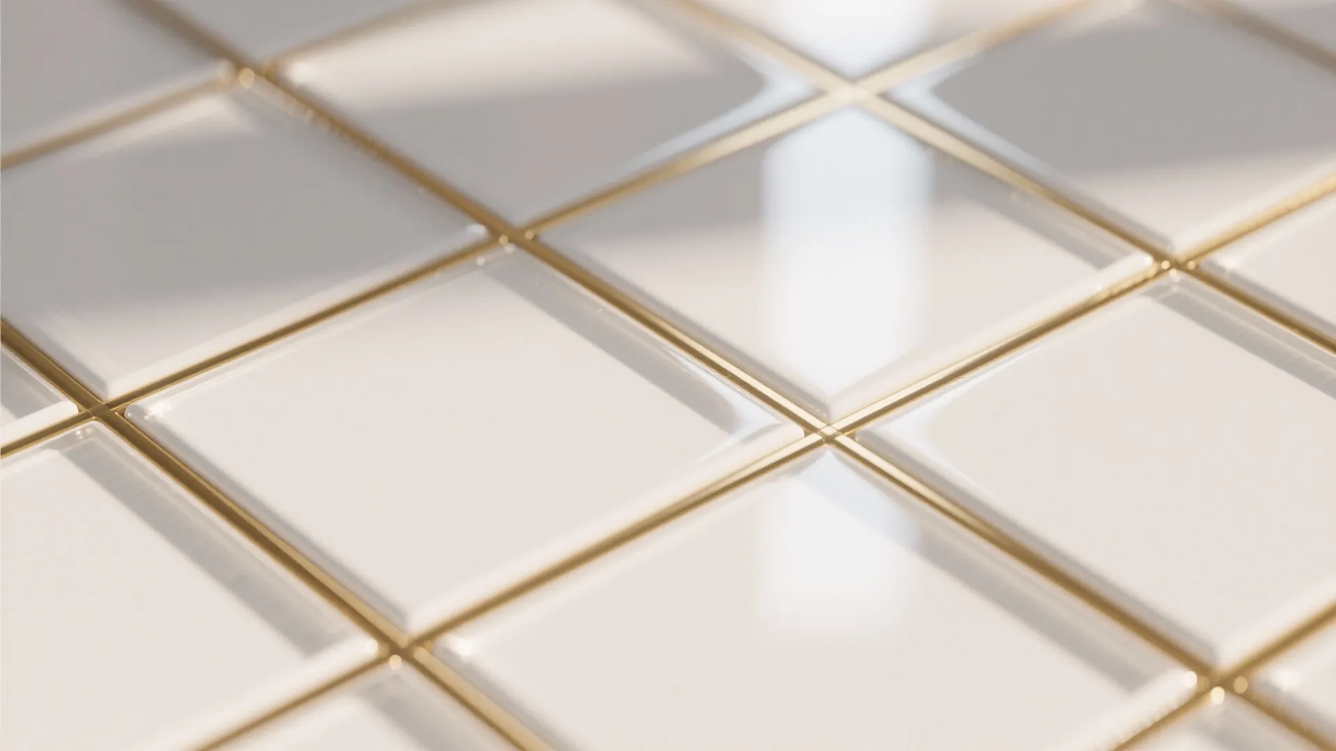 White glossy square tiles with gold metal trim featuring soft natural light and warm reflections