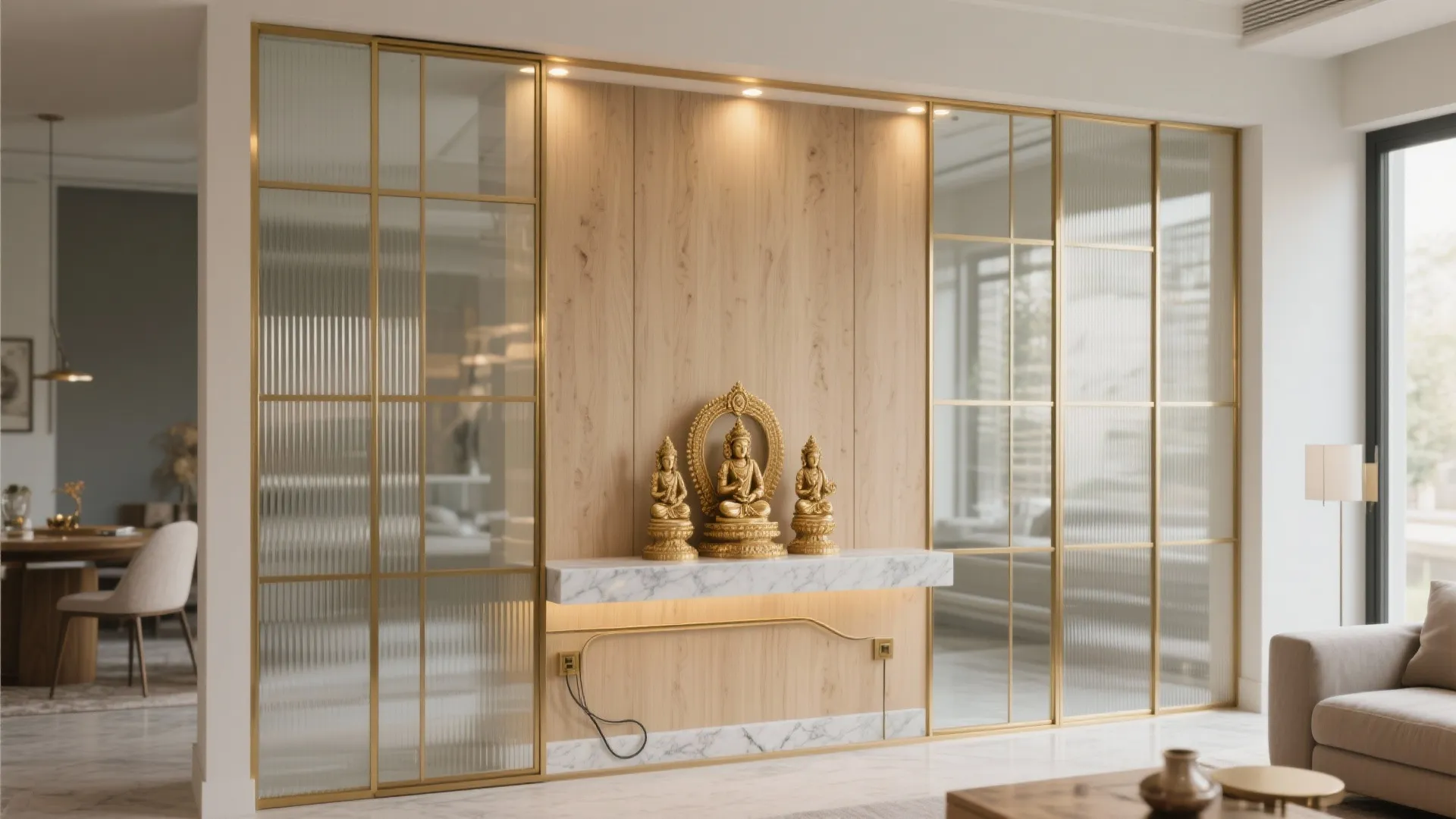 Glass-and-Brass Pooja Wall for Airy, Contemporary Homes