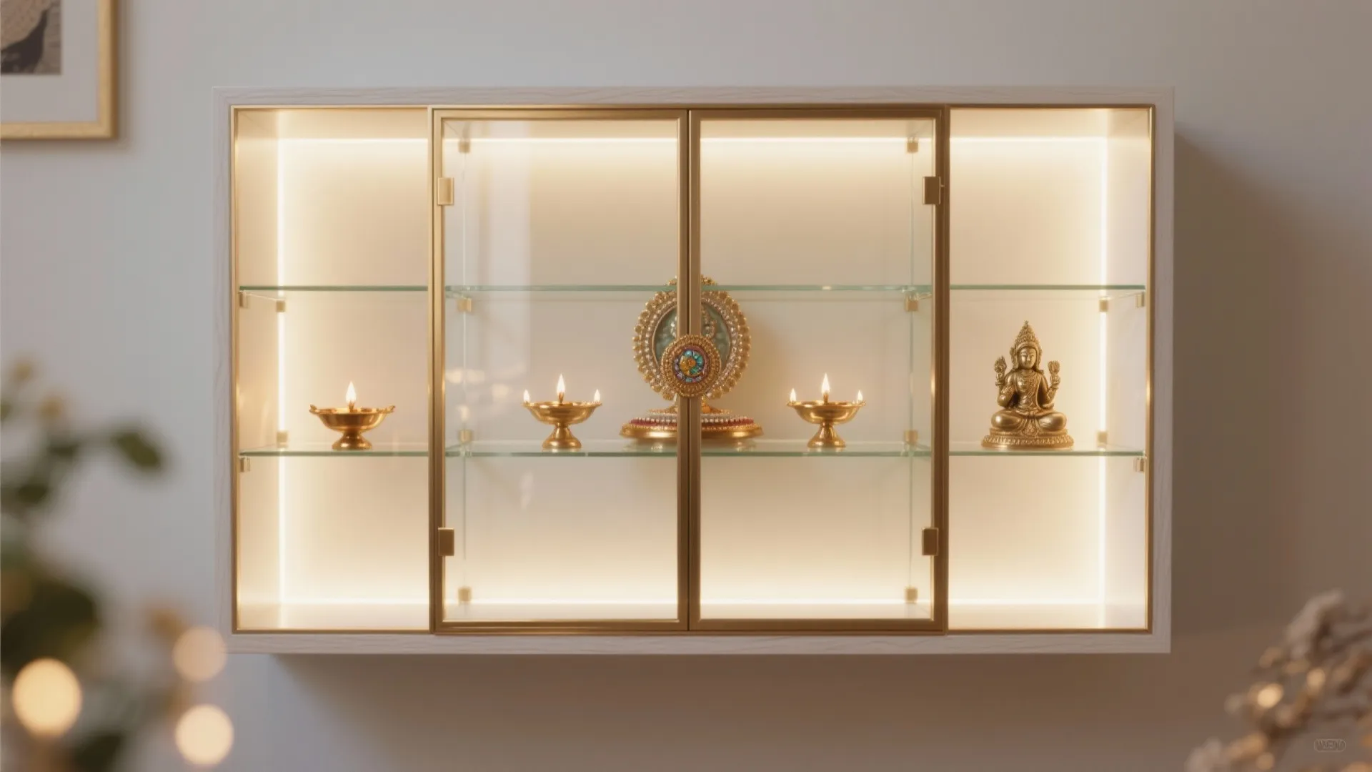 Glass-and-Brass Pooja Showcase with Gentle Backlighting