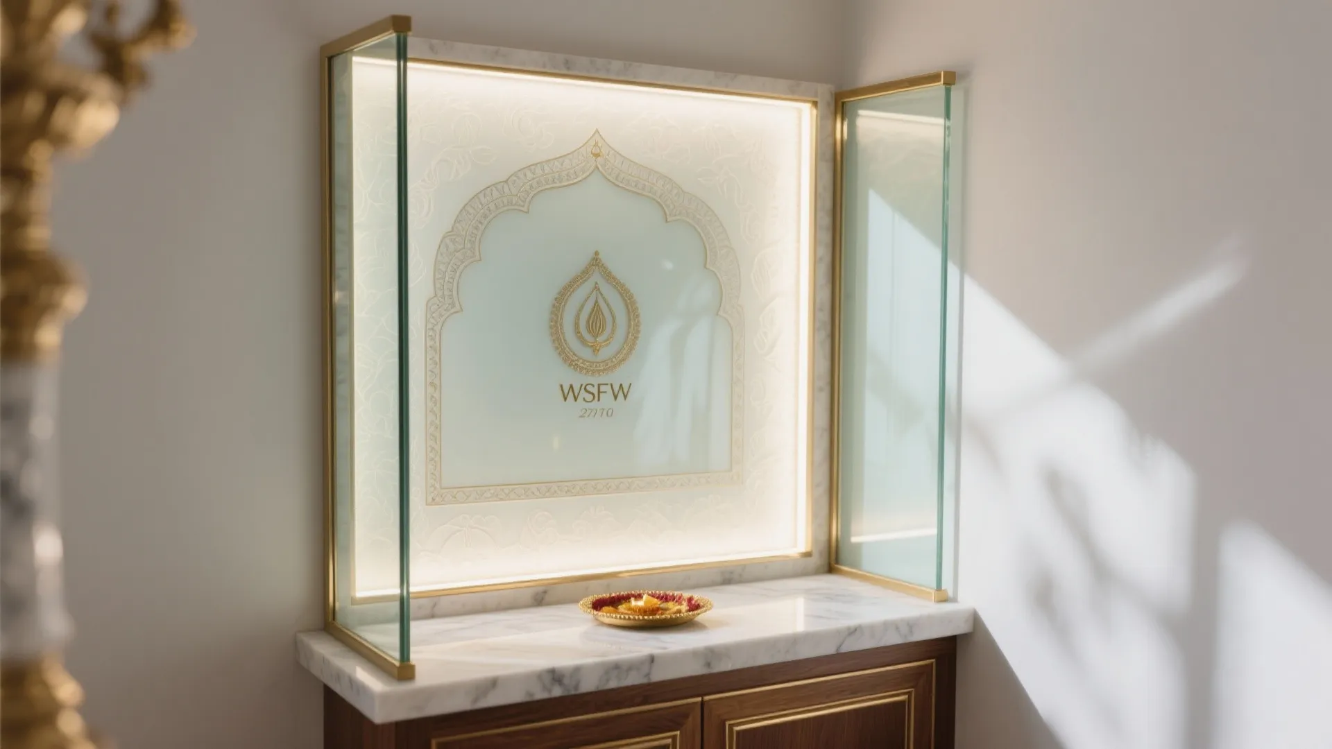 Modern prayer altar with marble countertop gold glass frame light fixture wood cabinet and patterned glass
