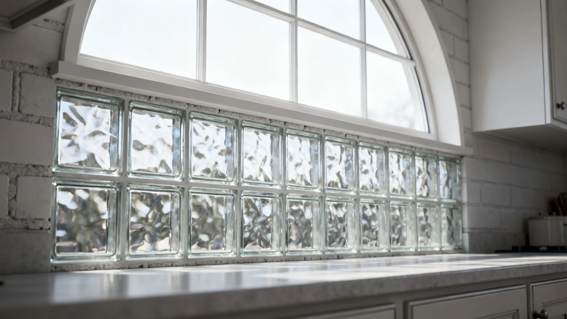 Glass brick wall and high transom window admitting soft light into a kitchen while preserving privacy.