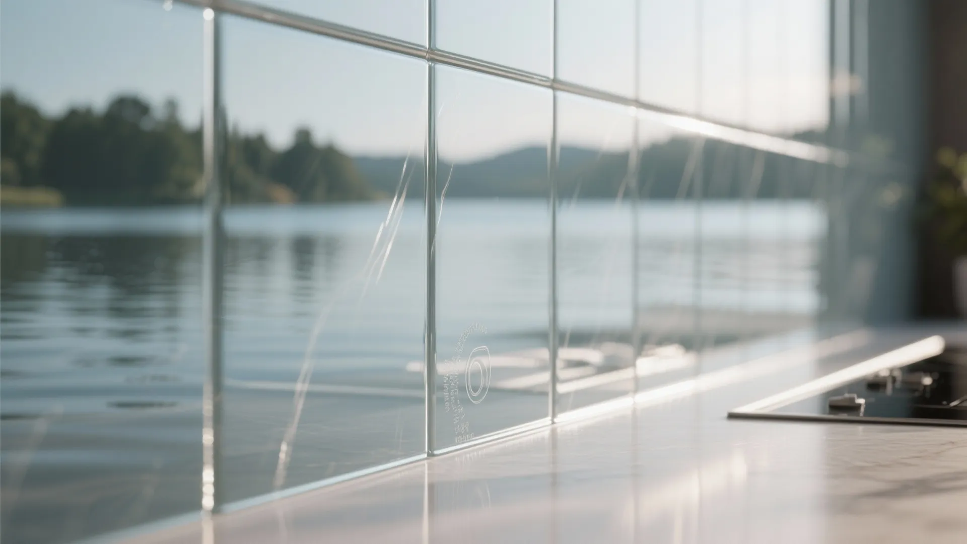 Close up of a glass wall panel on a kitchen counter overlooking a calm lake