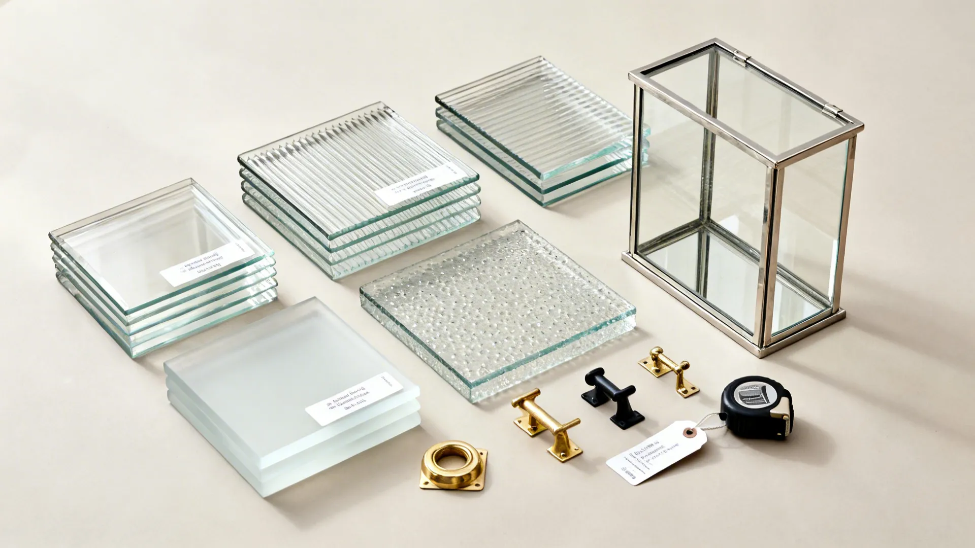 Flat lay of clear, frosted, reeded, seeded, and metal-framed glass samples arranged by budget tier.