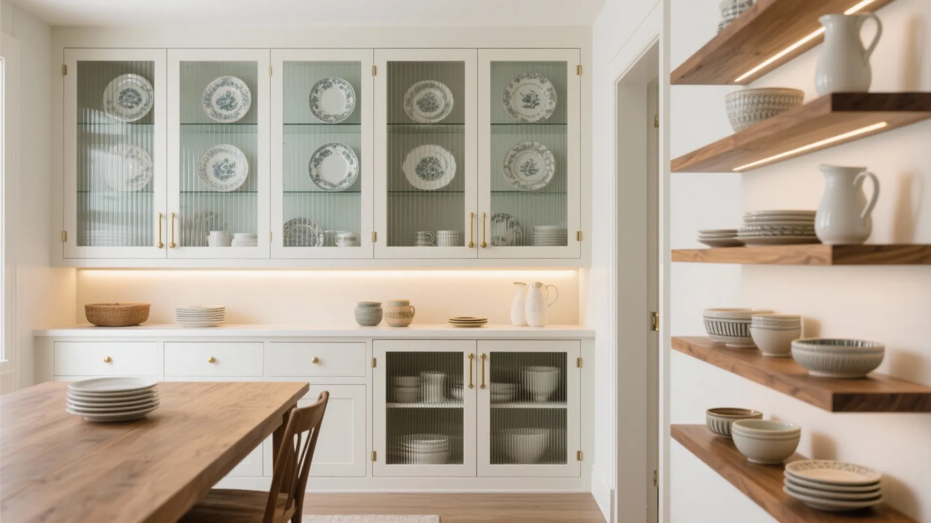 Glass-front built-ins with concealed base storage