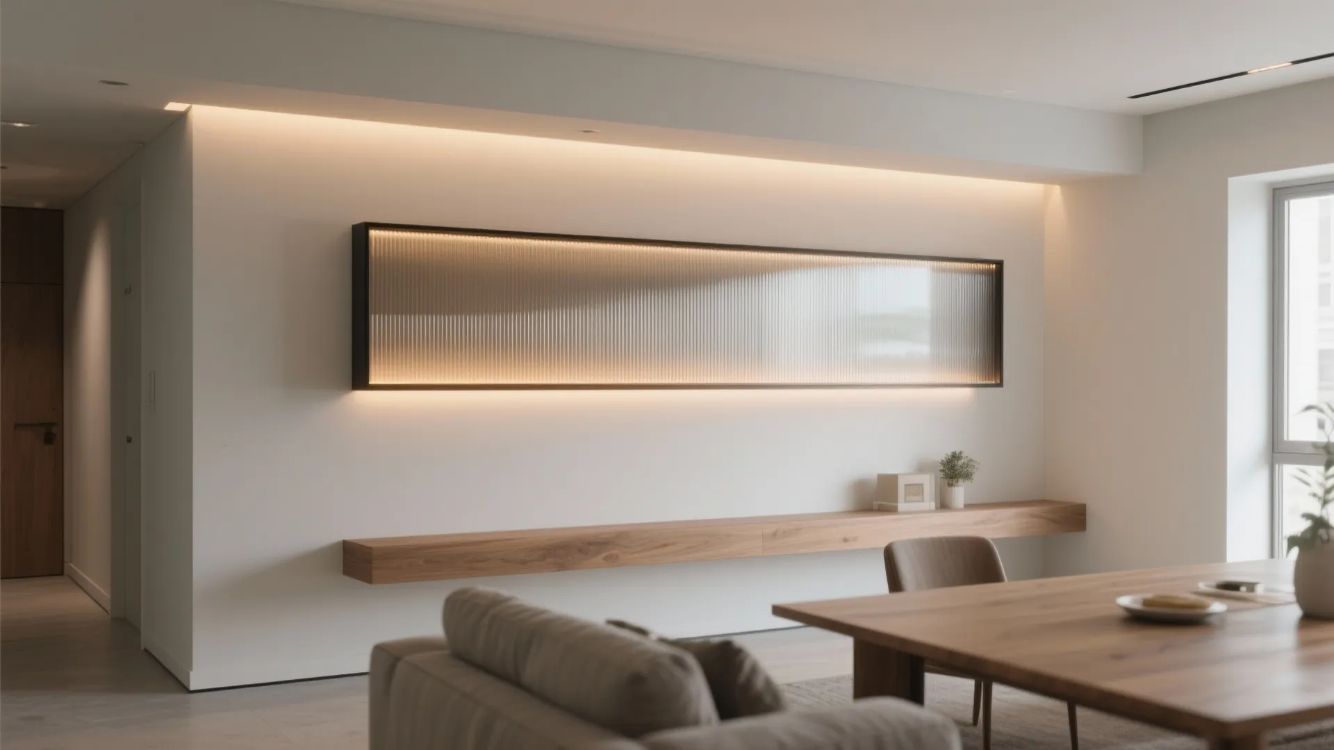Modern interior with a lit glass wall panel above a floating wooden shelf and table