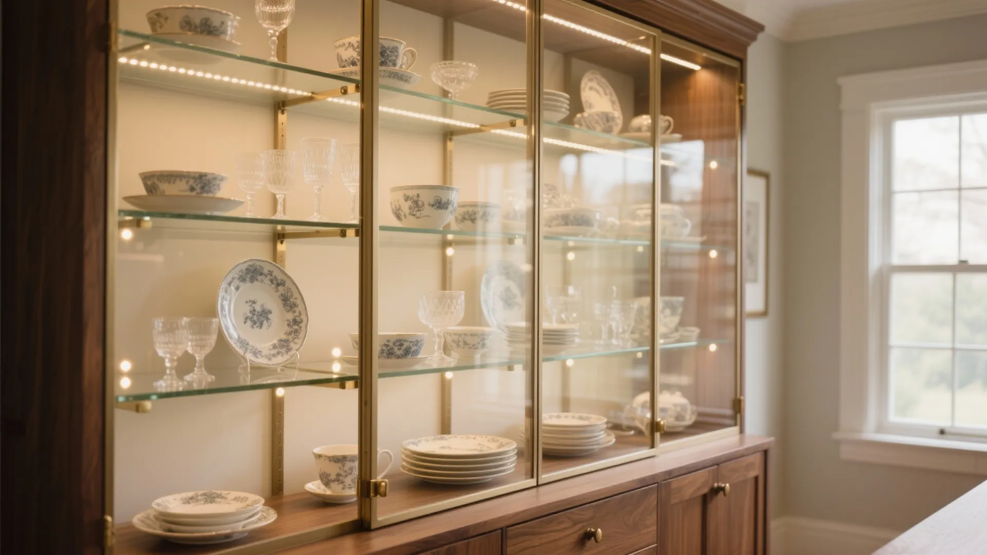 Glass-Front China Cabinet with Layered Lighting