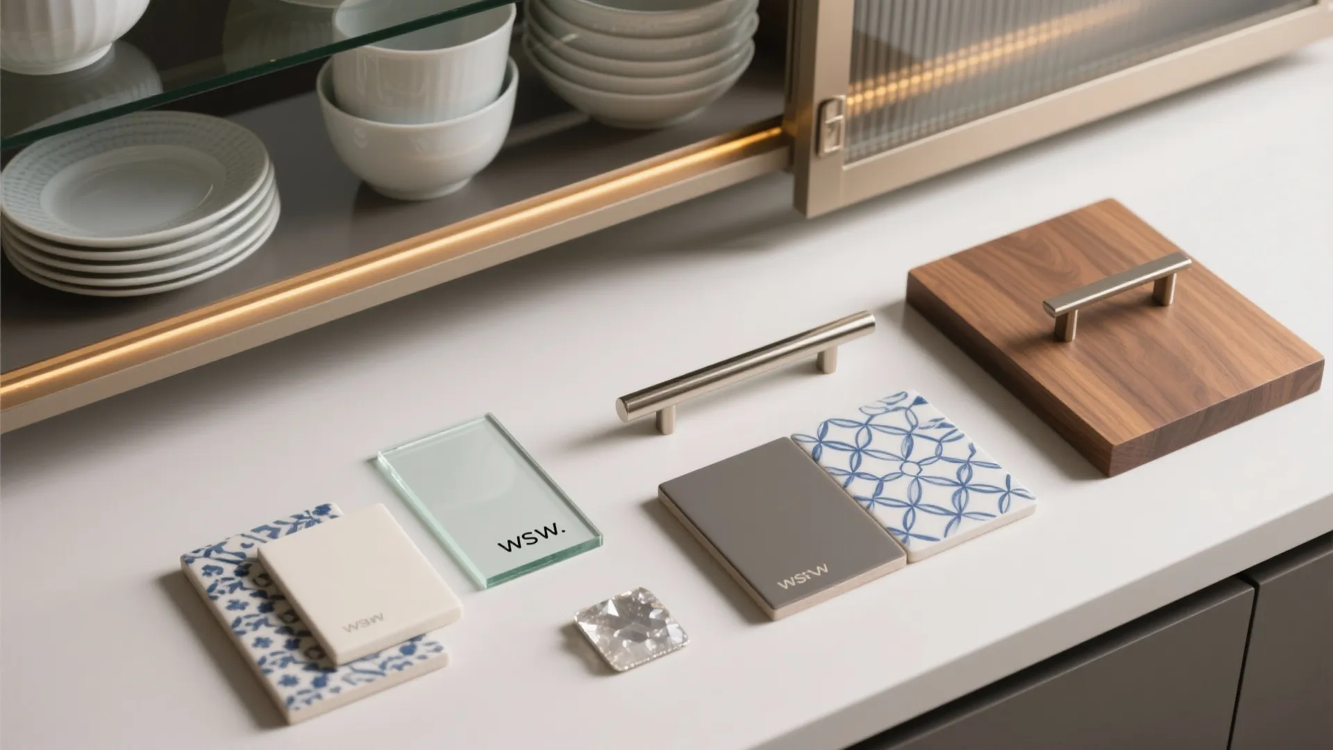 Close up view of cabinet materials showing wood tiles glass samples and metal door handles