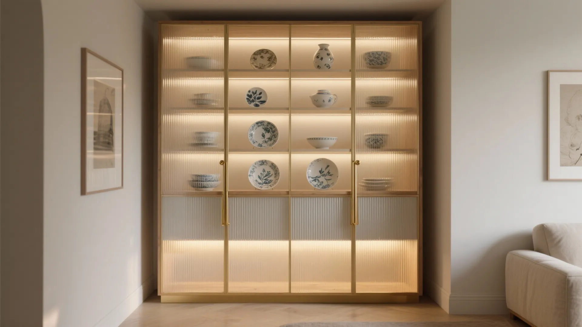 Glass-front display with layered lighting