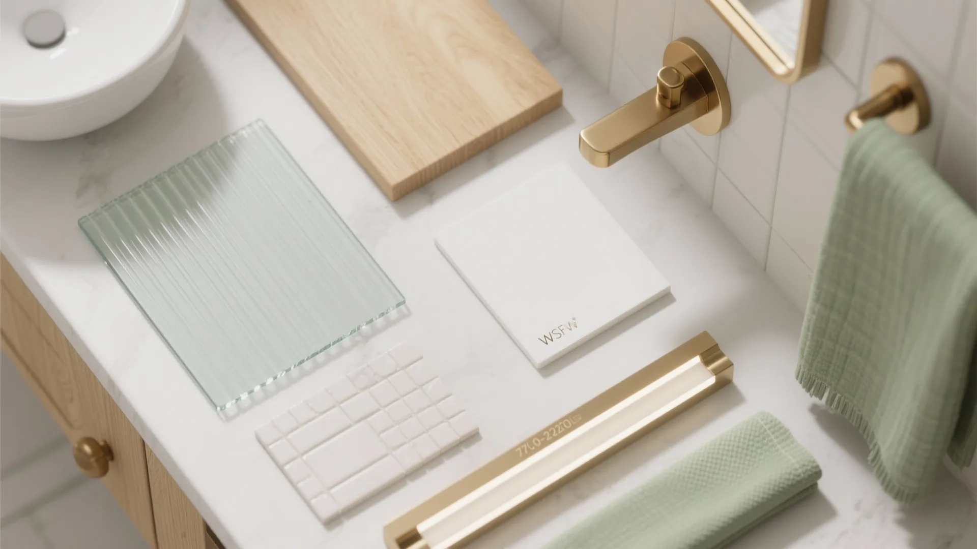 Flat lay of fluted glass, warm brass, light oak, white paint, tile, LED strip, and green textile.