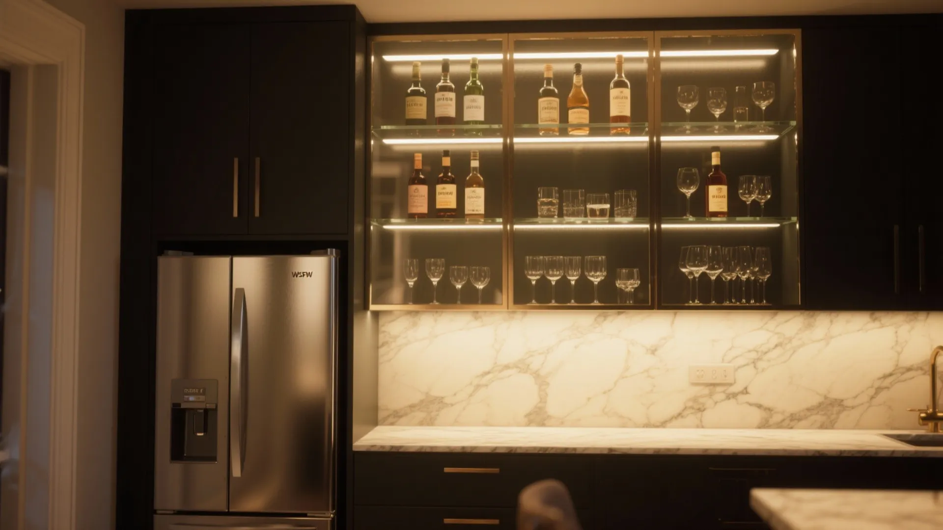 4. Glass-front cabinet and mini fridge combo