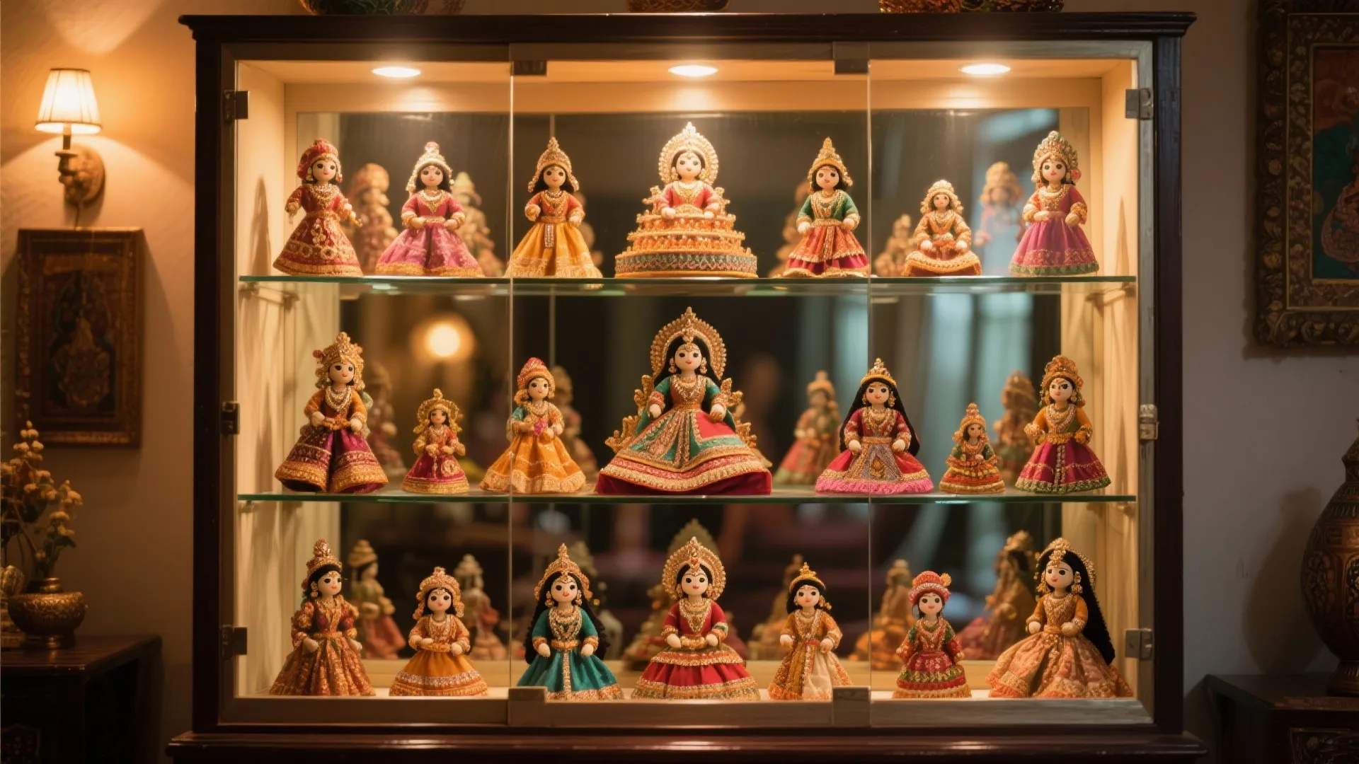 Glass cabinet with wooden frame displaying many colorful traditional dolls on three rows of glass shelves