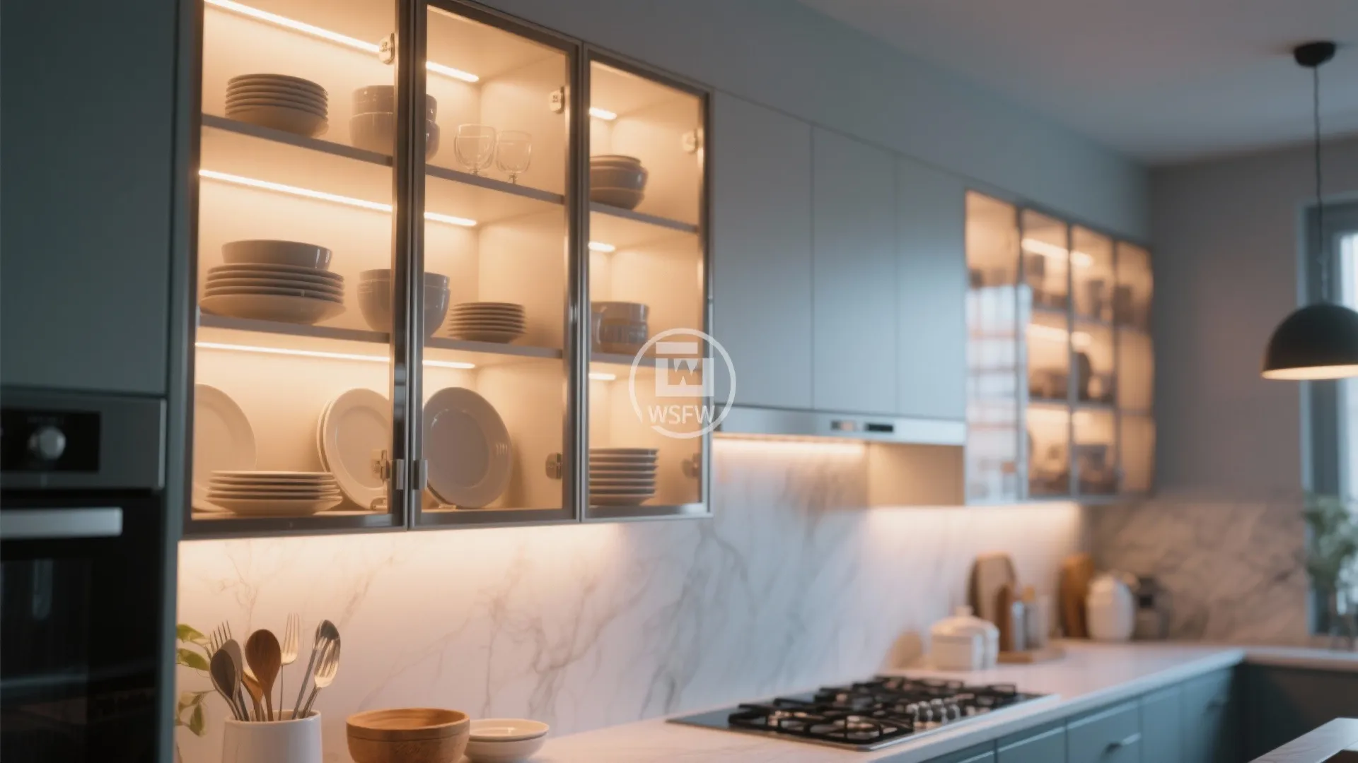 Glass door kitchen cabinet with warm light strips showing organized white plates and glass cups