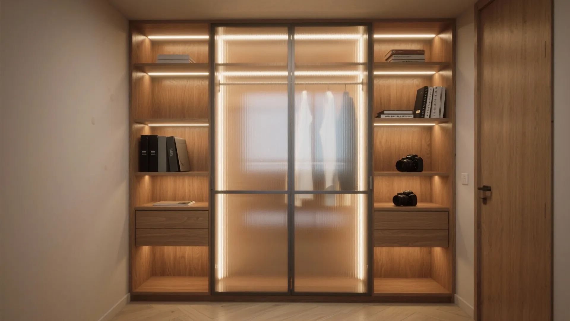 Modern wooden cabinet with built-in light strips, frosted glass doors, shelves, drawers, and hanging clothes