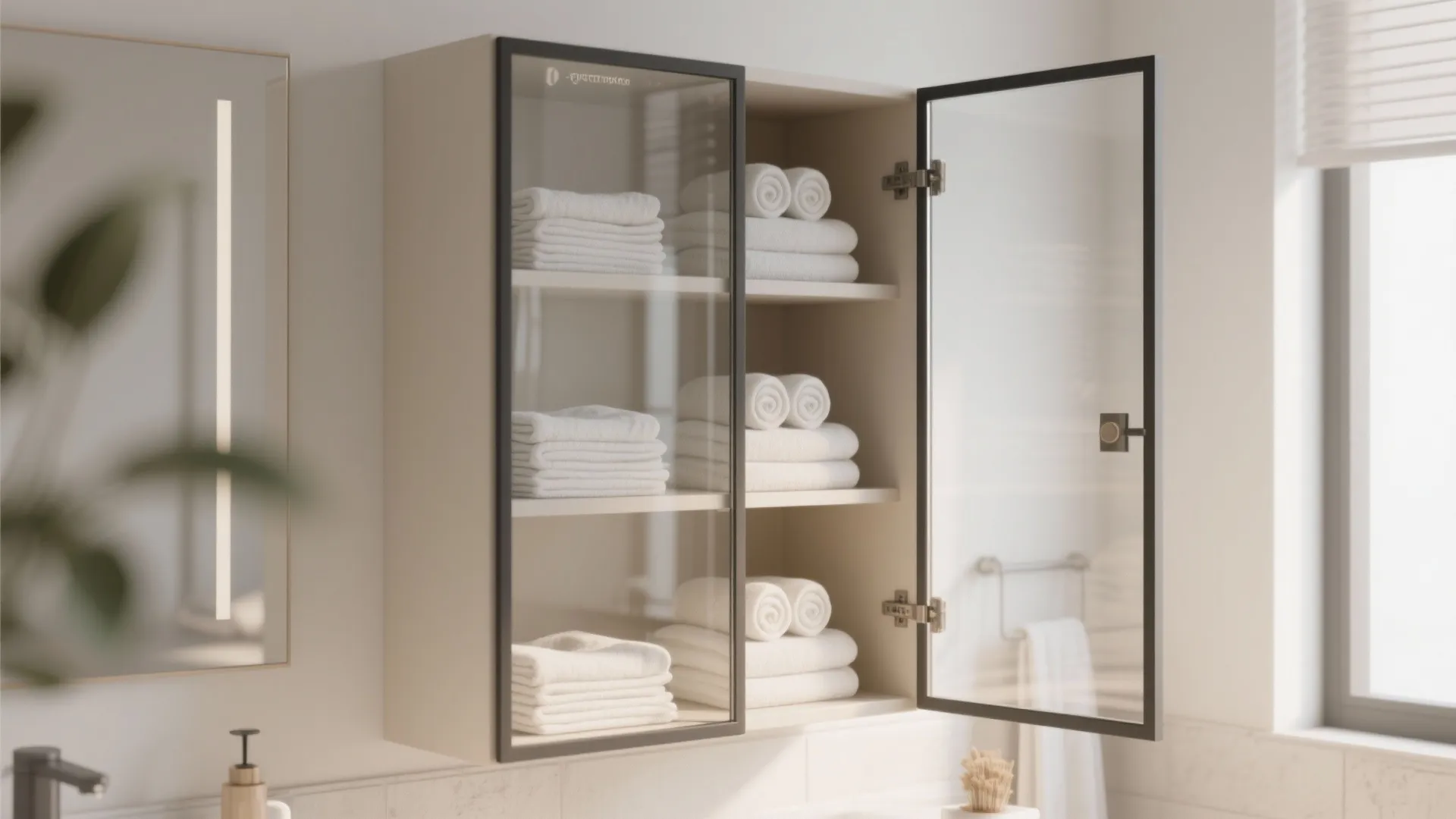 Wall mounted bathroom cabinet with glass doors showing neatly folded white towels on internal shelves