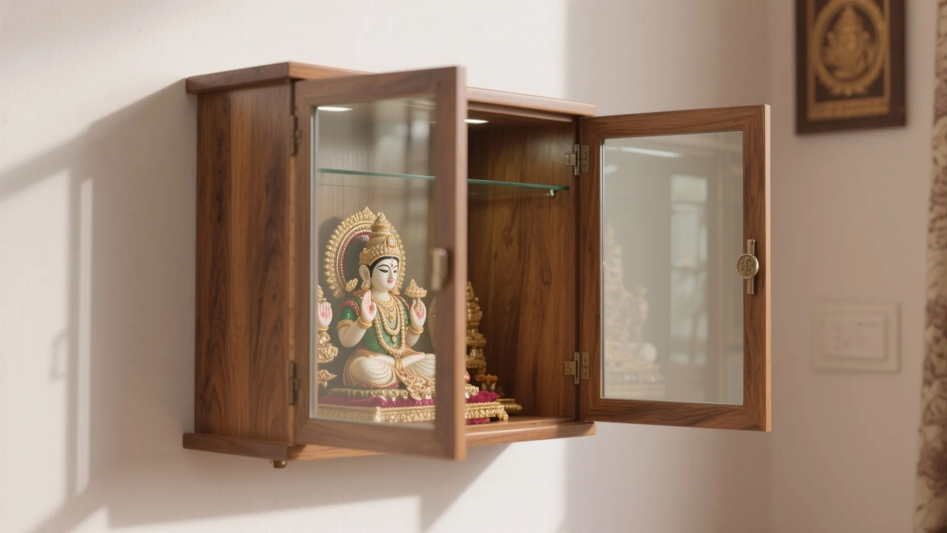 Small wooden wall cabinet with glass doors showing a religious statue inside against white room walls