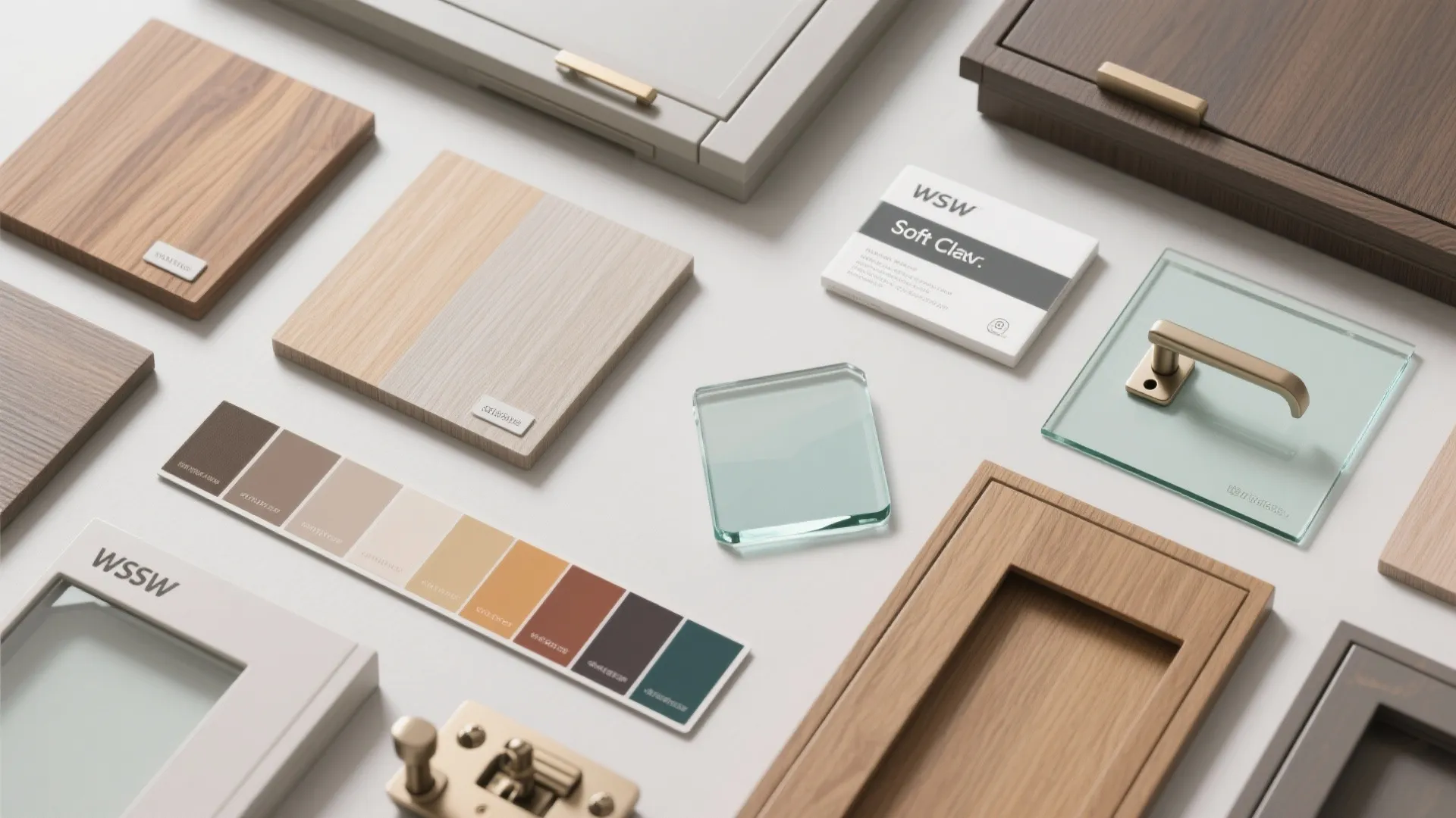 Flatlay of glass cabinet material samples, finishes, and hardware for planning