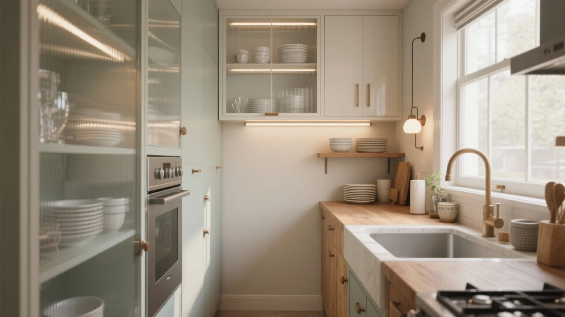 Bright kitchen with wooden countertops white sink wall light and glass cabinet holding various dishes