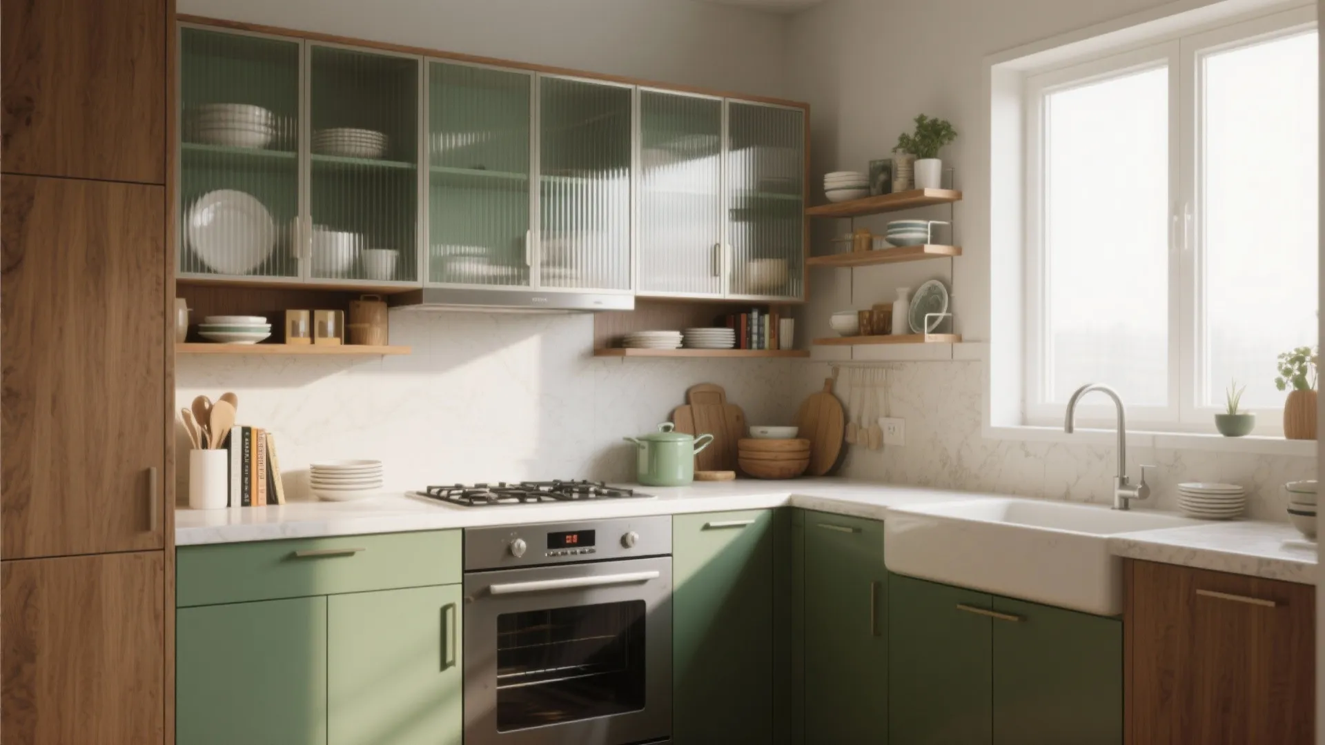 Modern kitchen with green cabinets and glass doors including white sink and wood wall panels