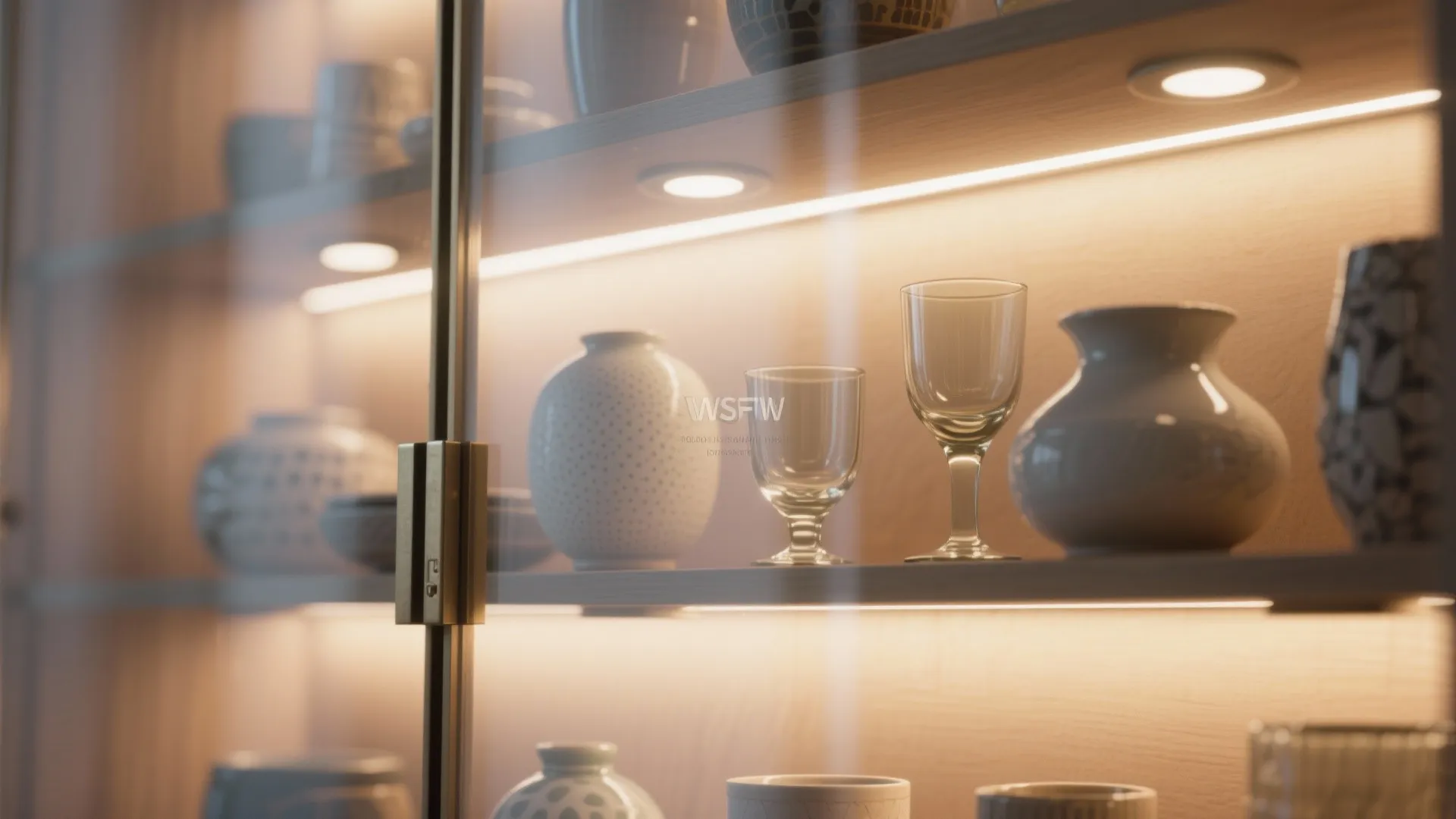 2. Glass-front cabinets with interior lighting