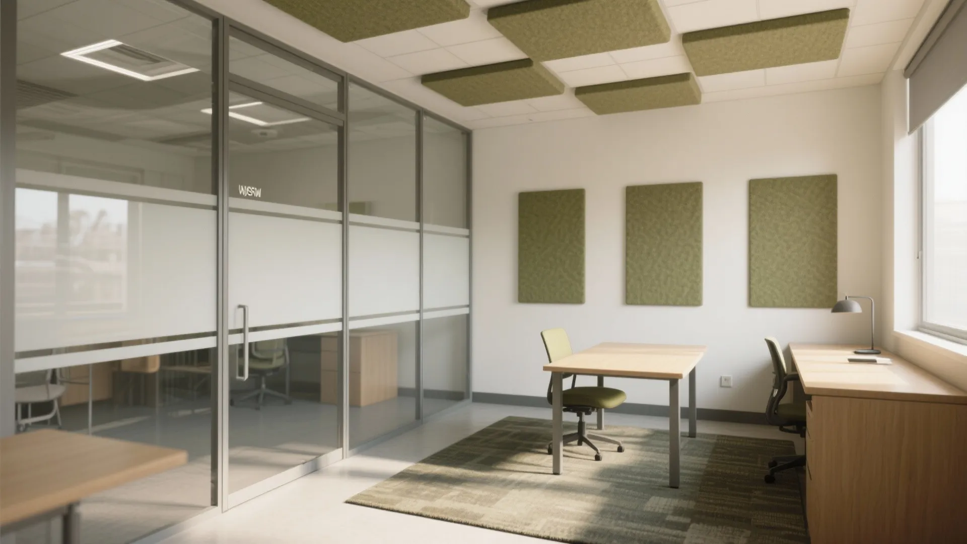 Modern office meeting room with glass walls green wall panels wooden desk and grey office chair