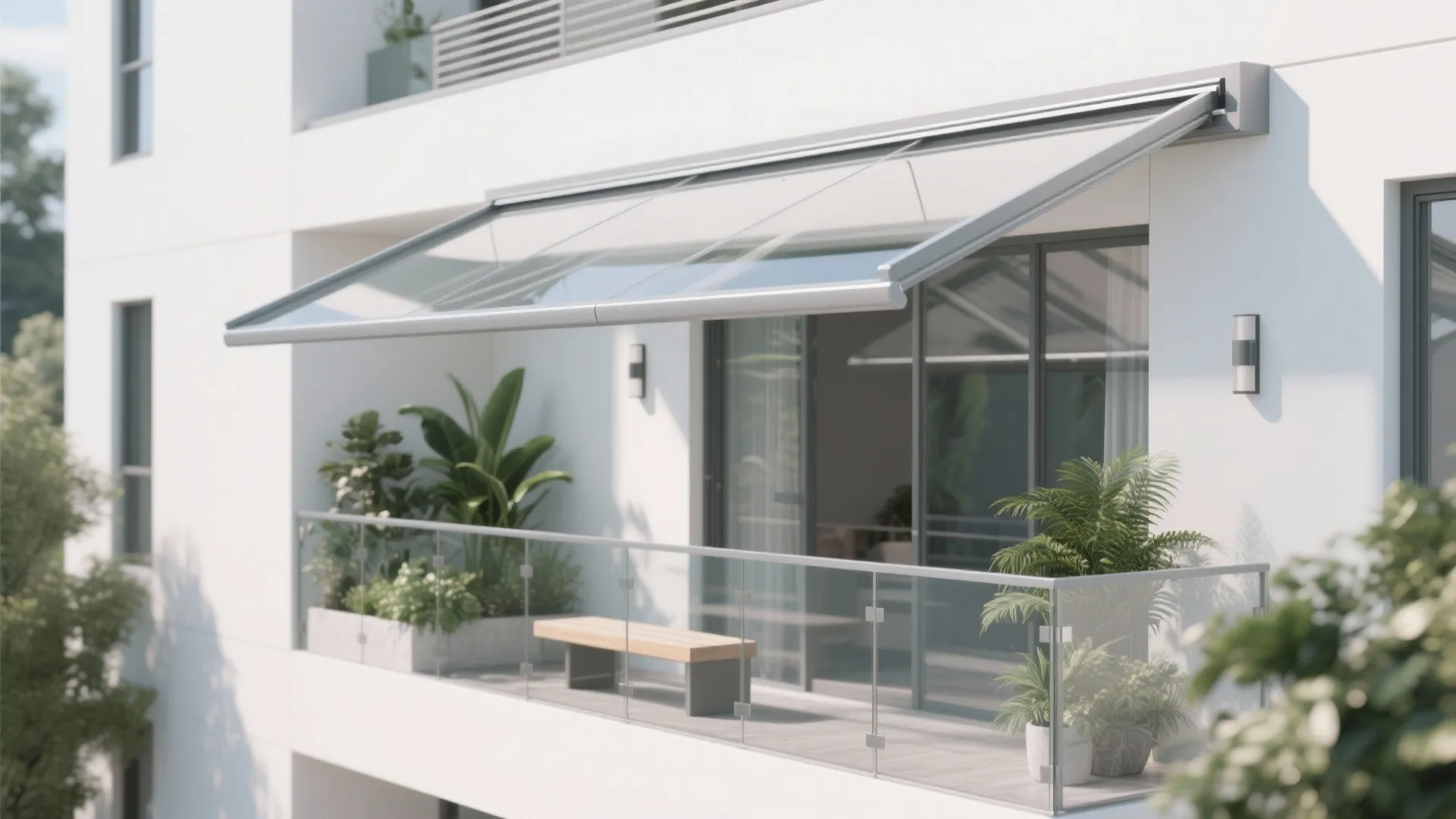 Modern white apartment balcony featuring glass canopy shelter with wooden bench and potted green plants