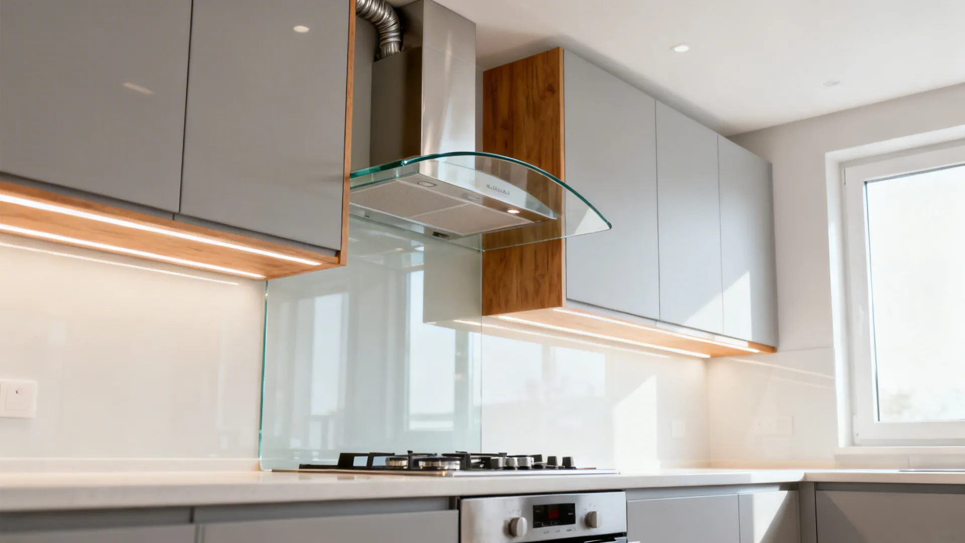 Small modern kitchen with a curved tempered glass canopy chimney reflecting ambient light.