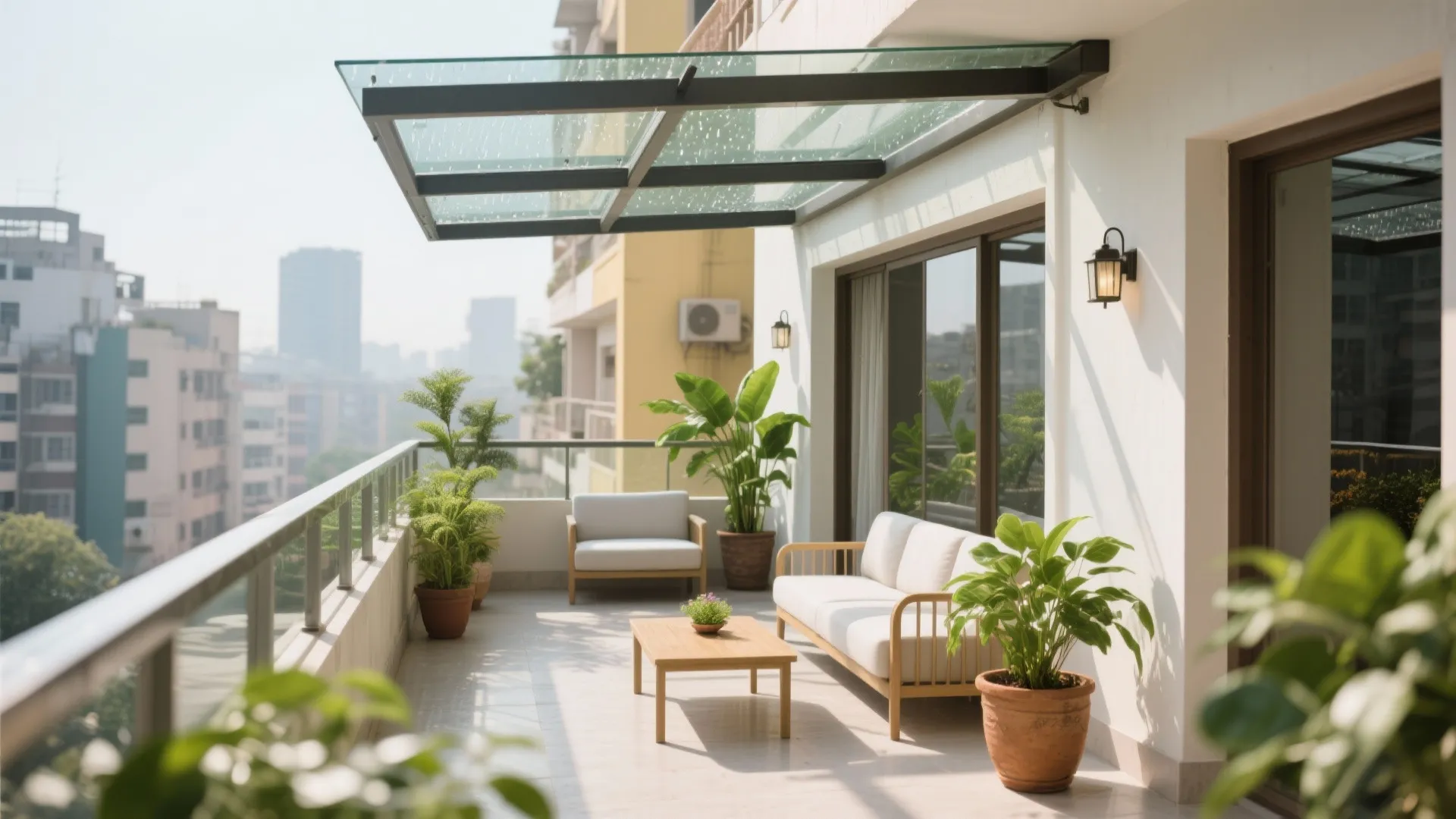 Modern white balcony with a glass roof and sofa set plus wooden table with plants