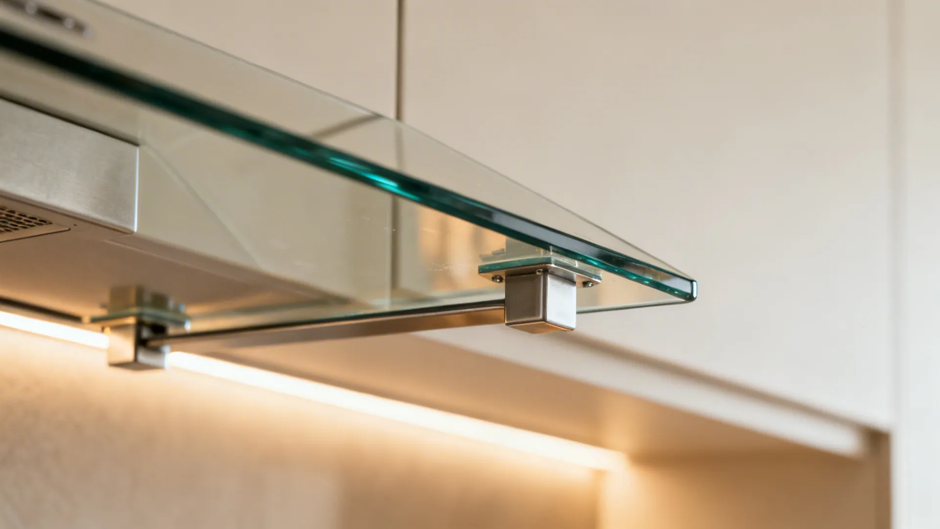 Macro detail of tempered glass canopy and steel bracket with anti-vibration mount.