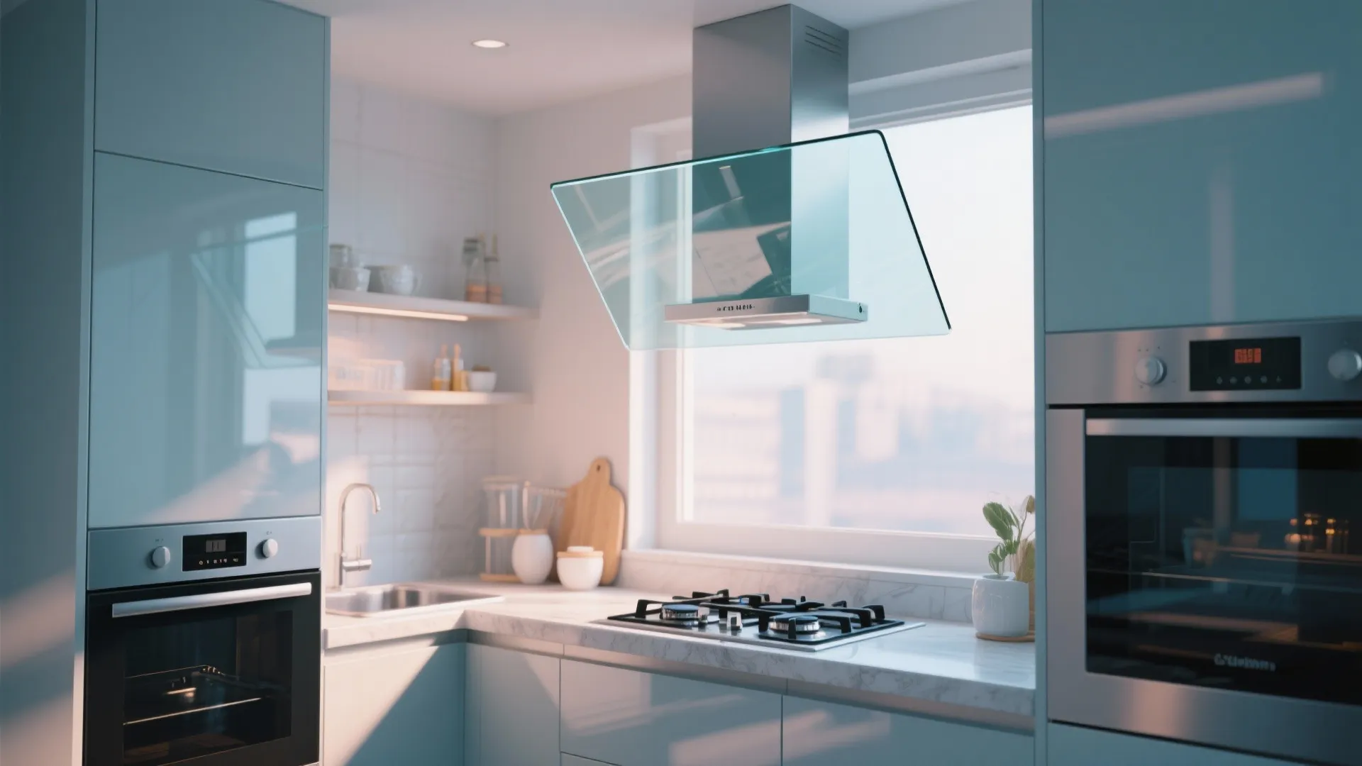 Modern kitchen with glass stove hood above gas cooktop near window and built in oven