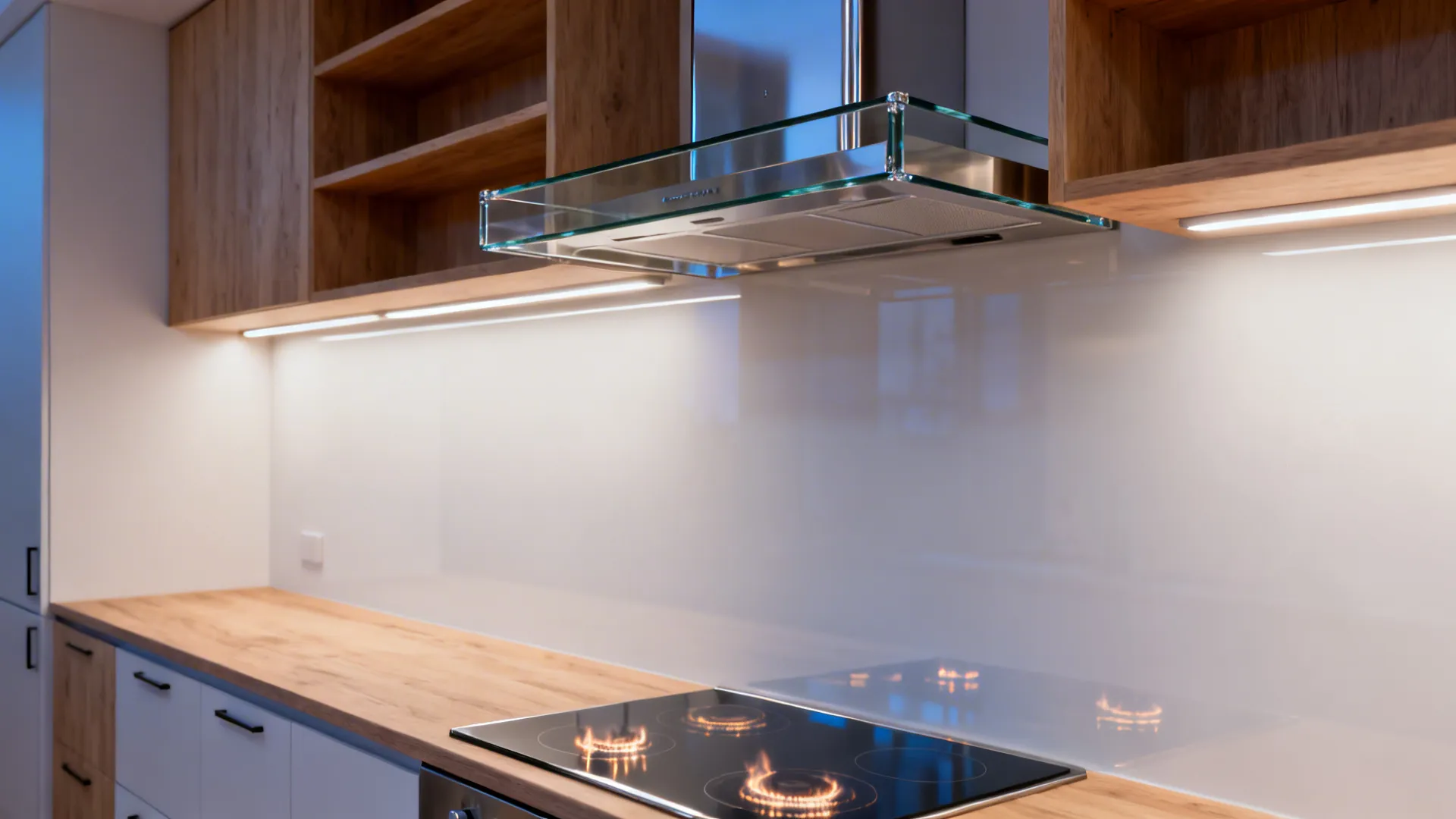 Sleek tempered glass canopy hood adding lightness and LED glow in a narrow galley.