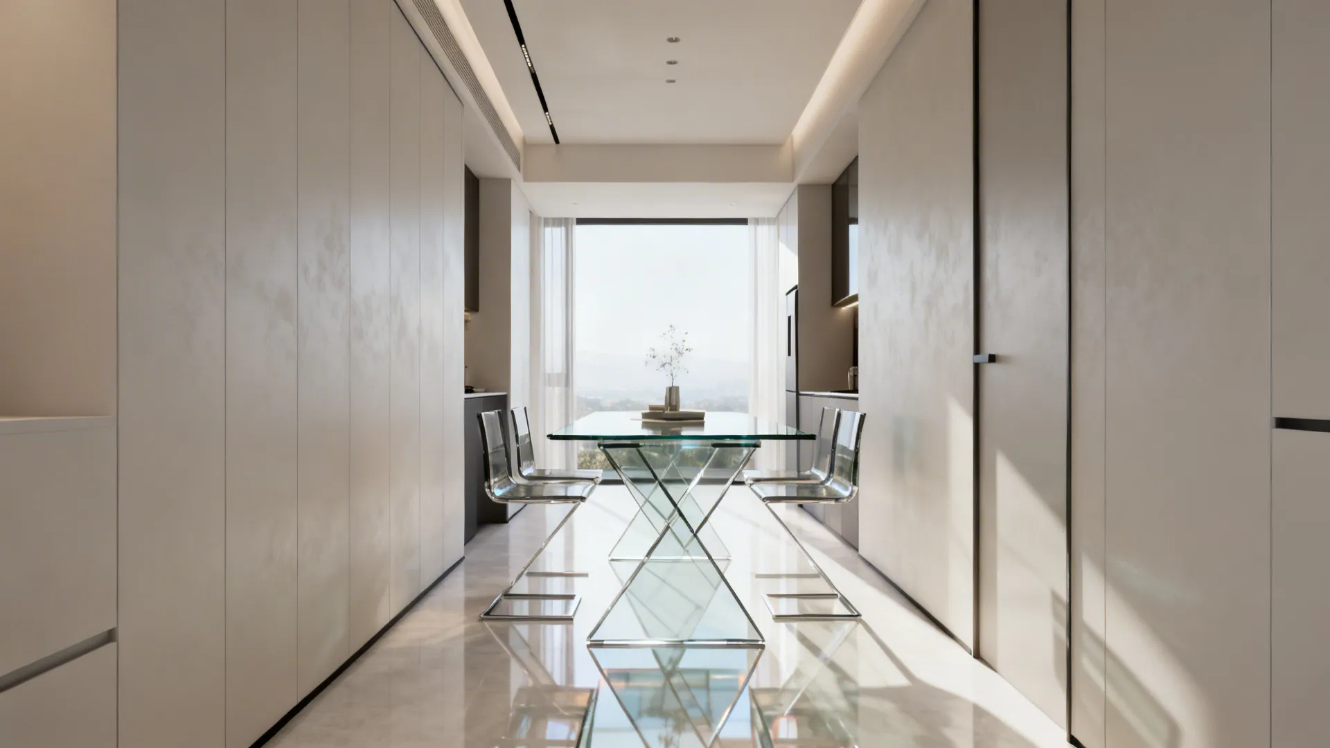Modern dining room featuring a glass table and clear chairs between two white wall panels