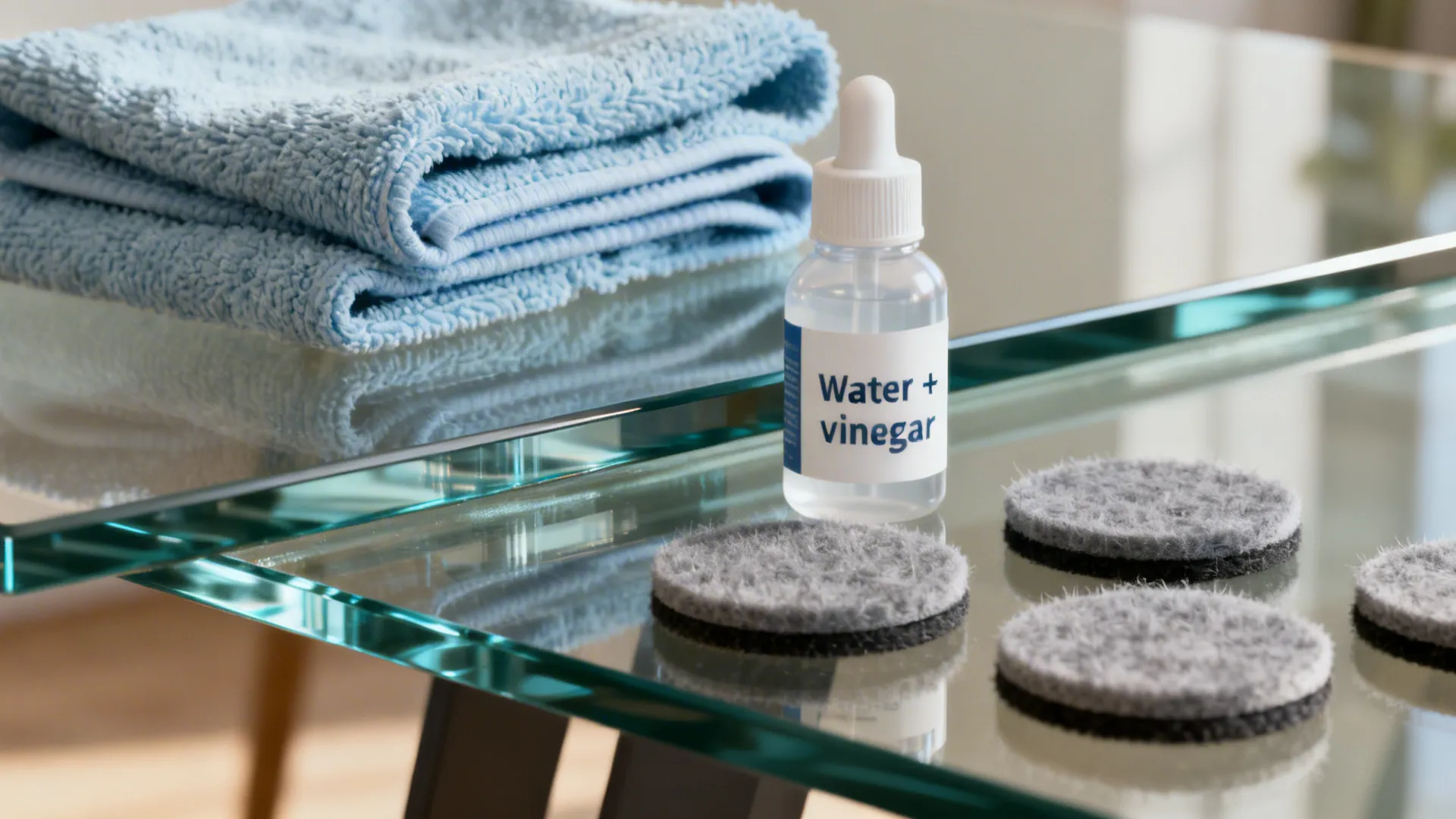 Tempered glass edge with cleaning cloth and felt pads showing care tips.