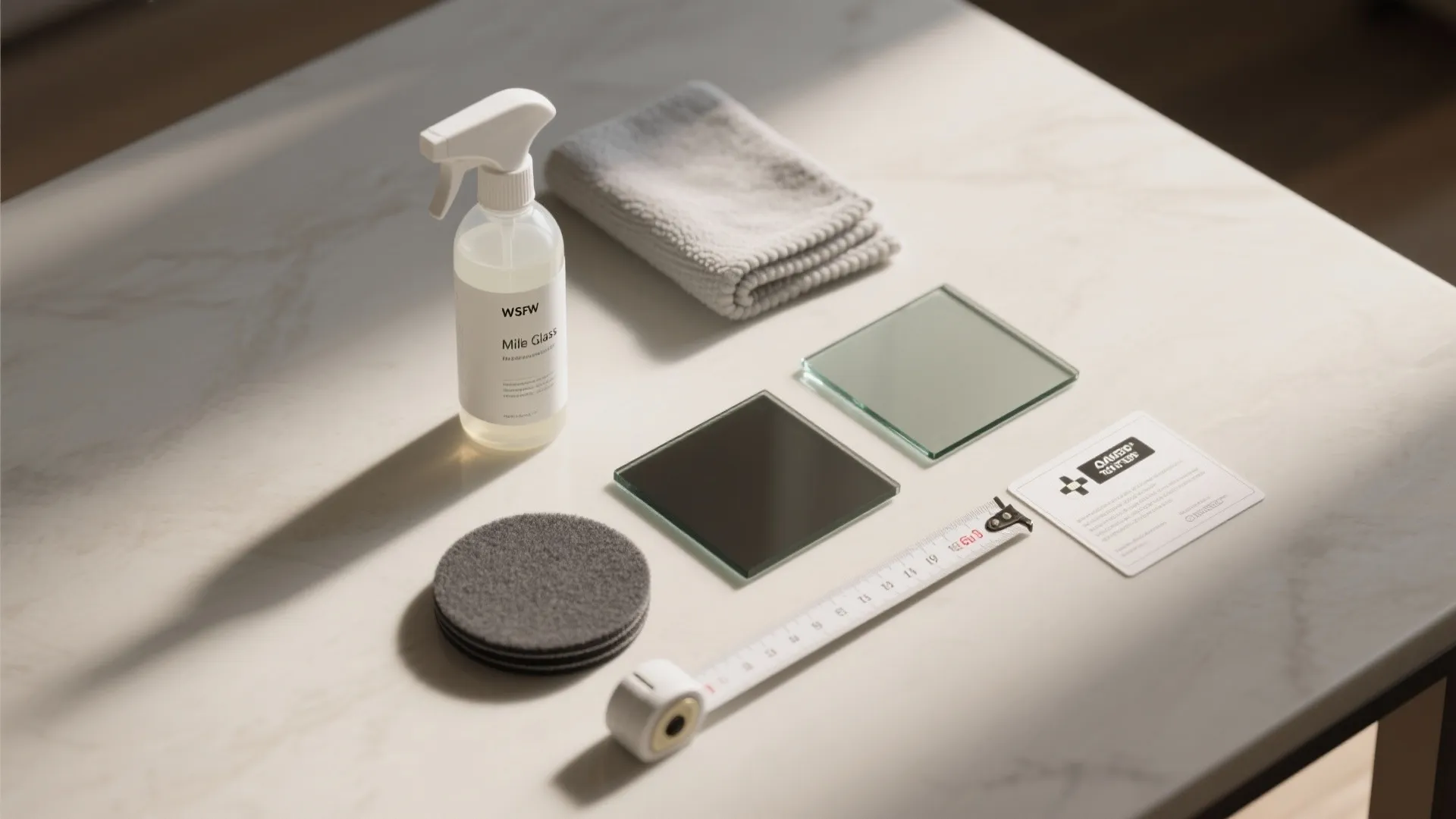Cleaning spray bottle with cloth glass samples and measuring tape on a white marble surface