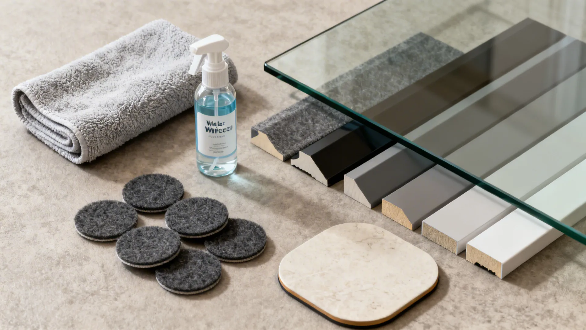 Top-down flatlay of glass table care items: microfiber cloth, spray bottle, felt pads and coasters.