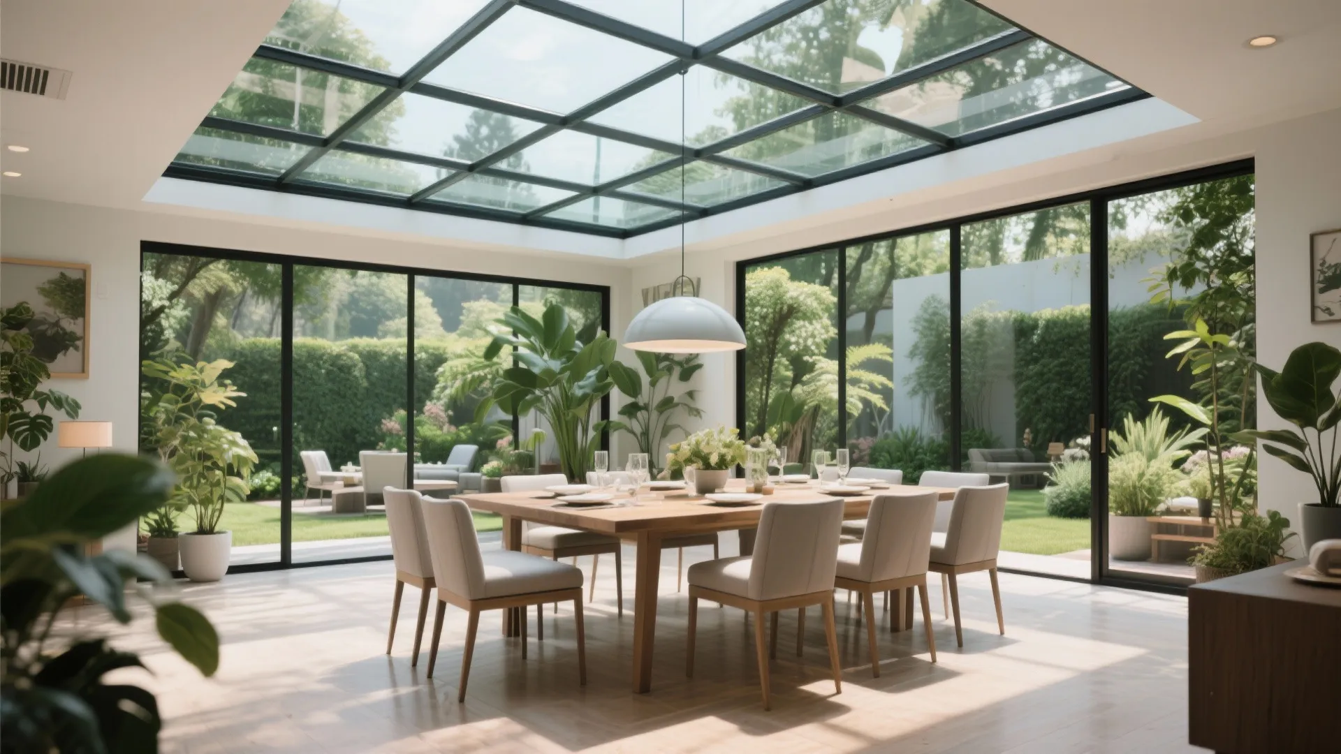 Bright dining room with wooden table and white chairs under a large glass ceiling panel