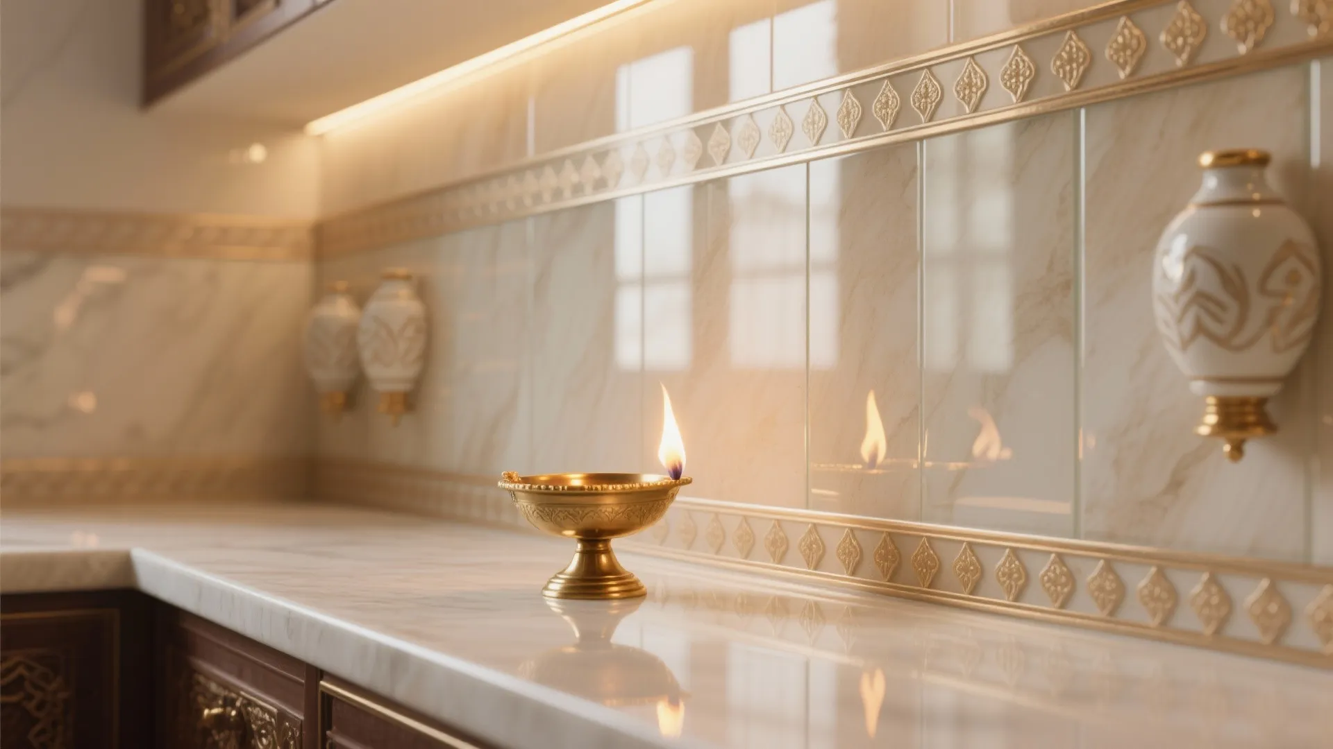 Back-painted glass backsplash in soft beige with glossy ceramic trim reflects a brass diya’s warm glow.