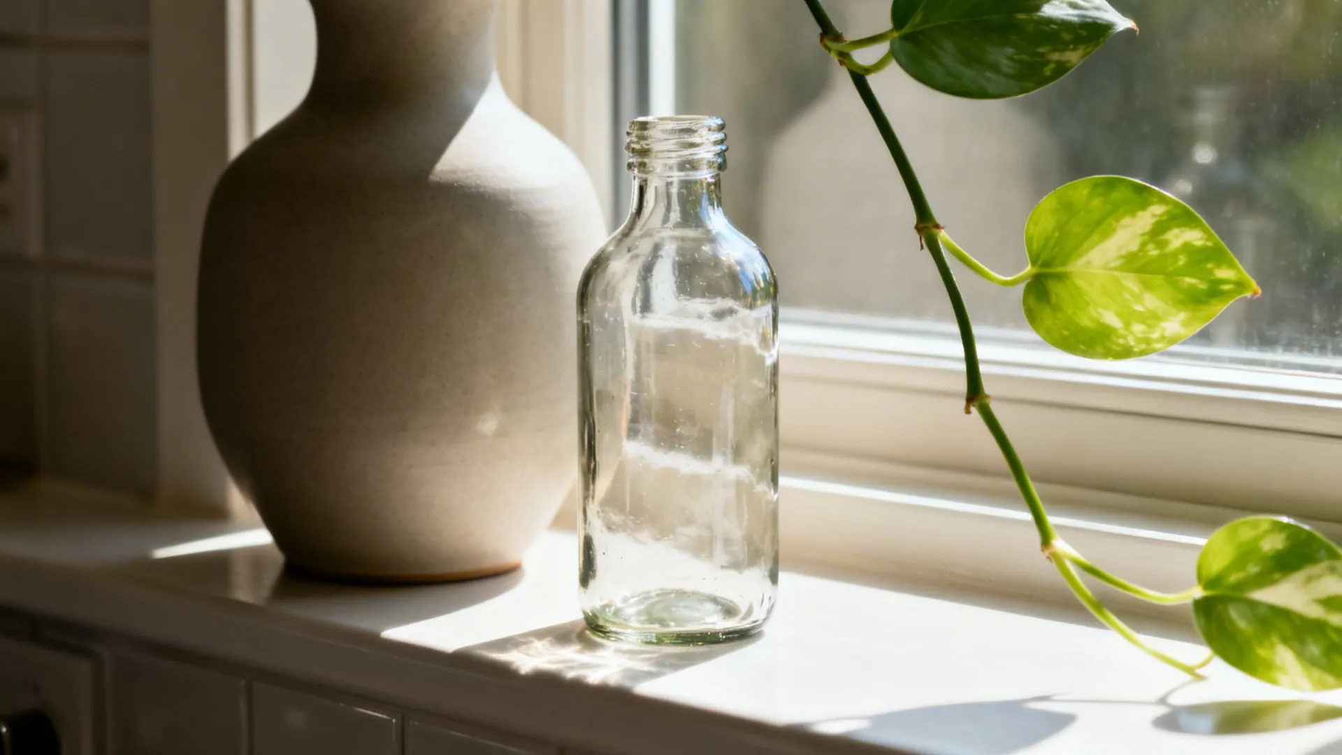 Close-up of recycled glass and matte ceramic on a bay sill with a trailing plant leaf.