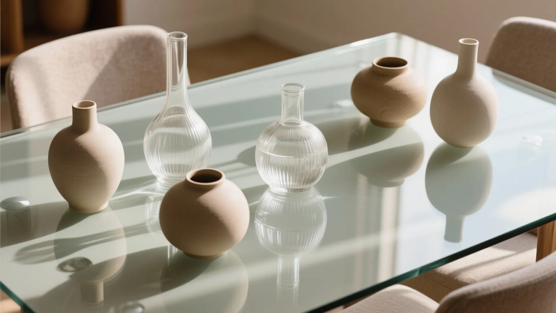 Glass and ceramic vases on a glass dining table with soft sunlight and neutral chairs