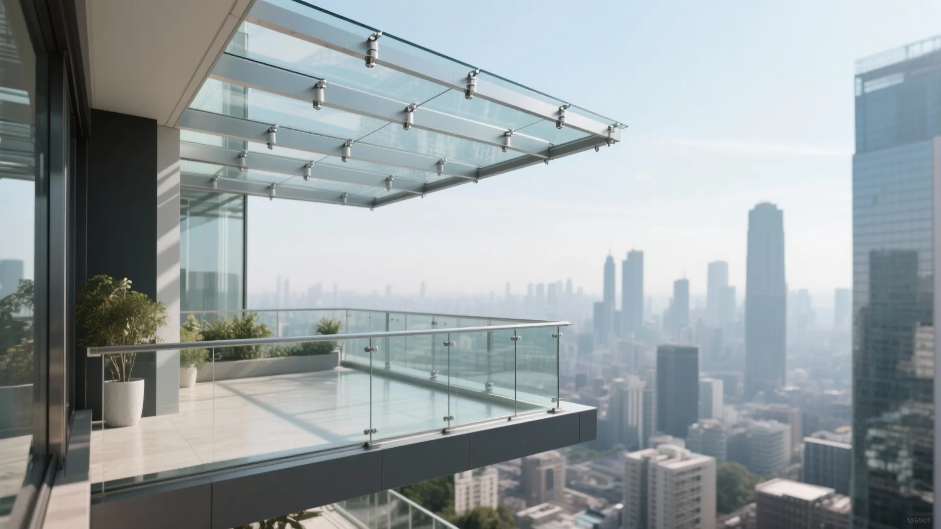 High rise balcony with glass roof and glass railing overlooking a modern city skyline view