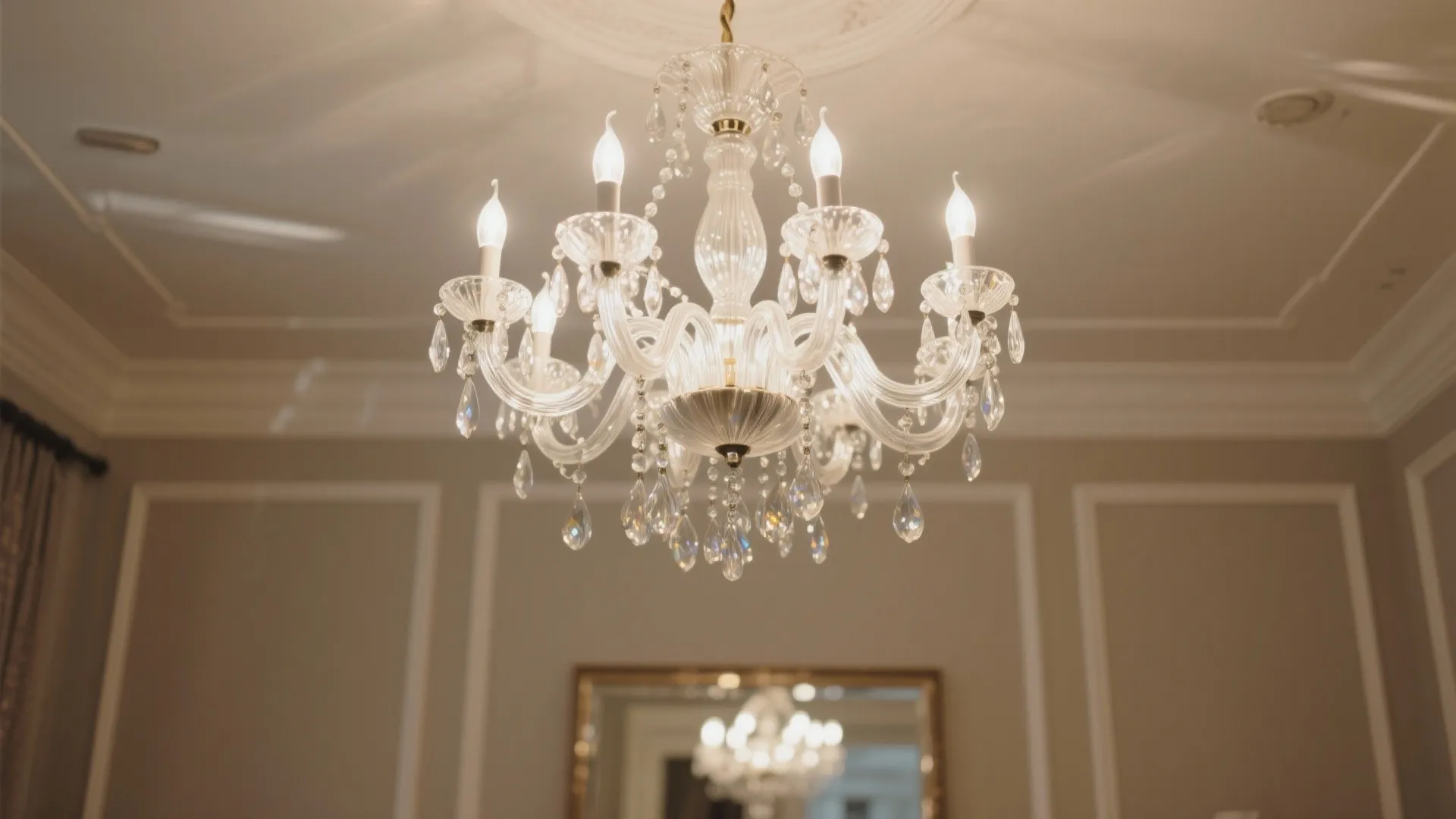 Close up of a decorative glass ceiling light with crystal drops hanging from a white ceiling