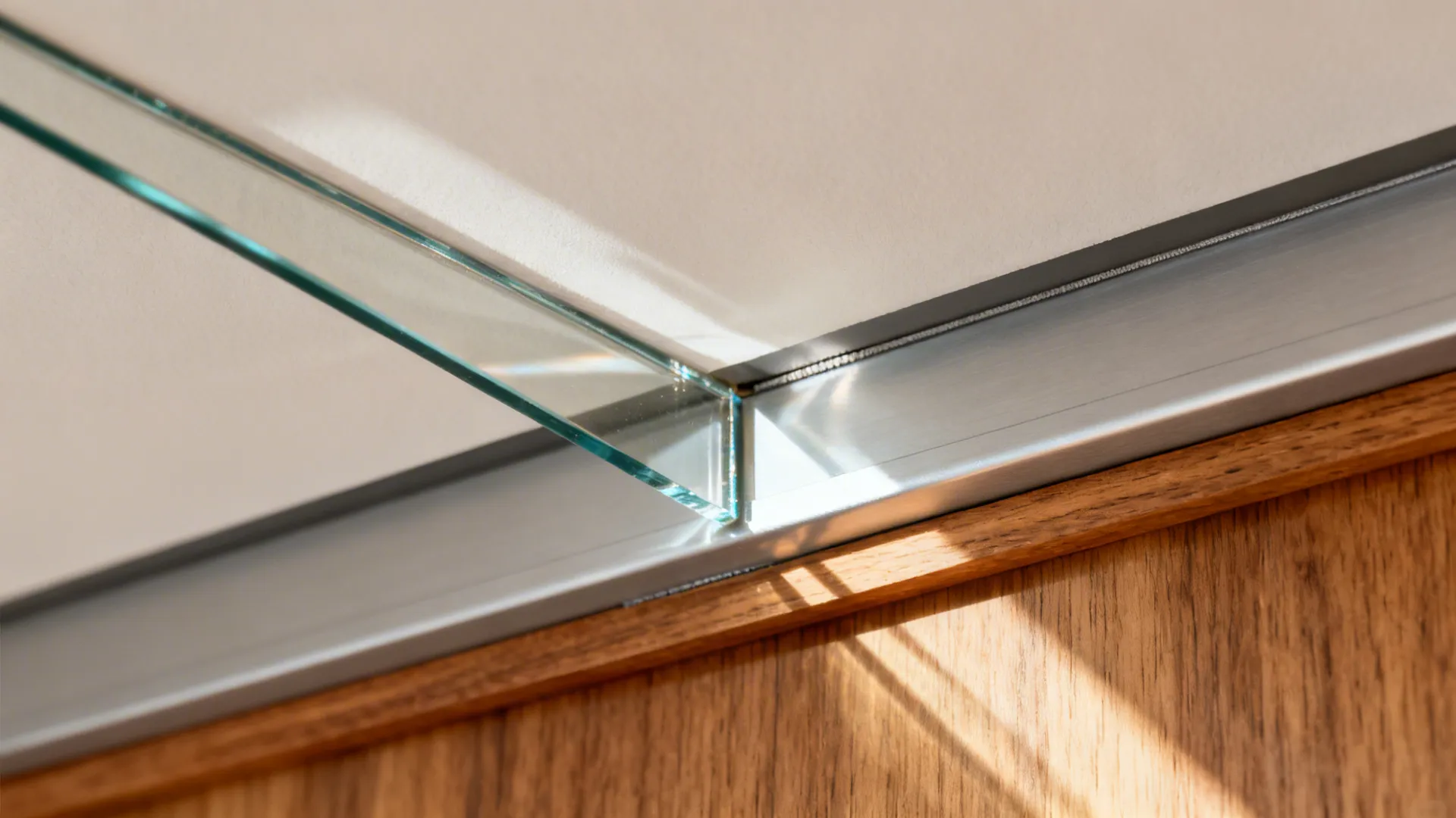 Macro view of polished glass edge in a minimal ceiling channel with precise fit.